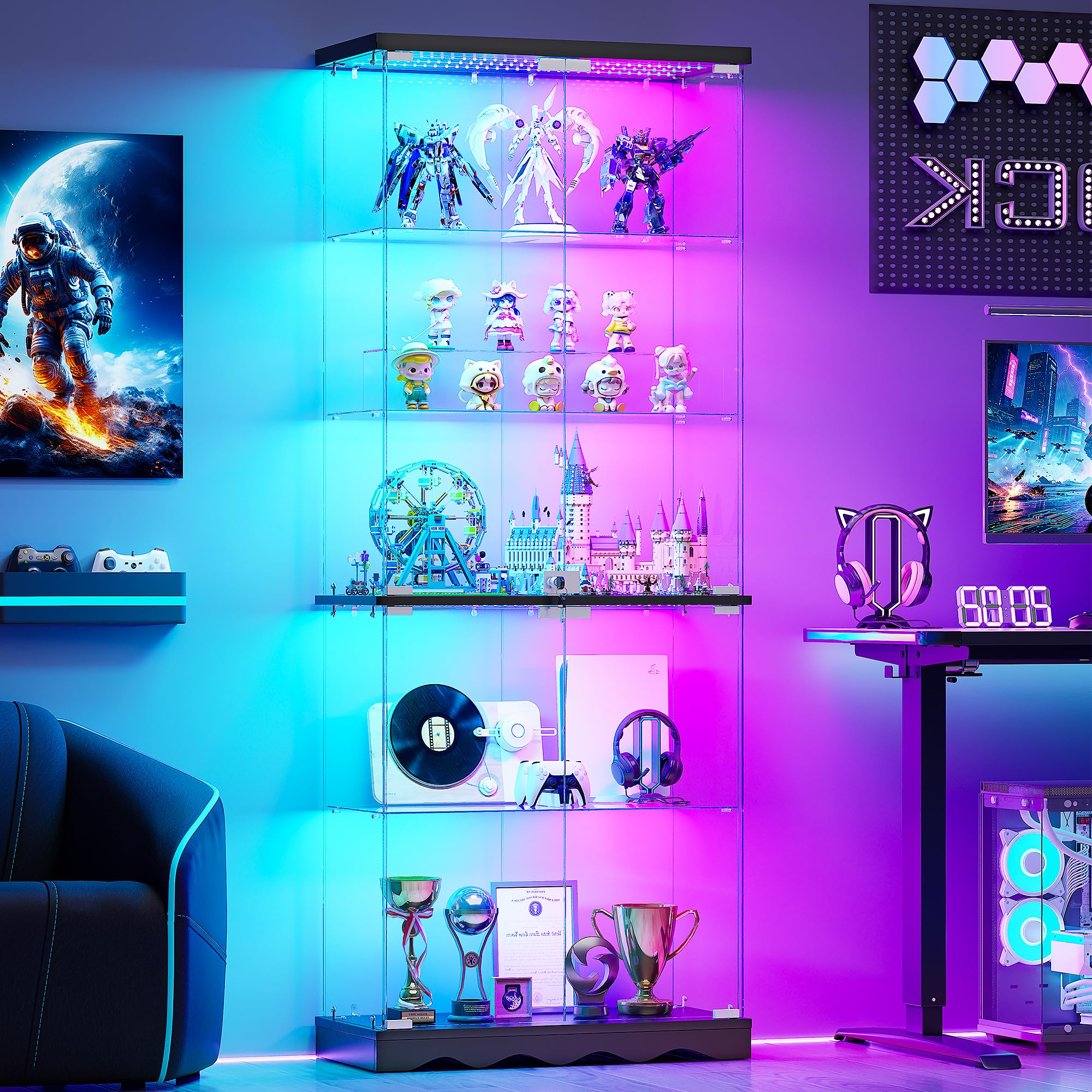 FREDEES 5-Tier Glass Display Cabinet with RGB Lights, Black