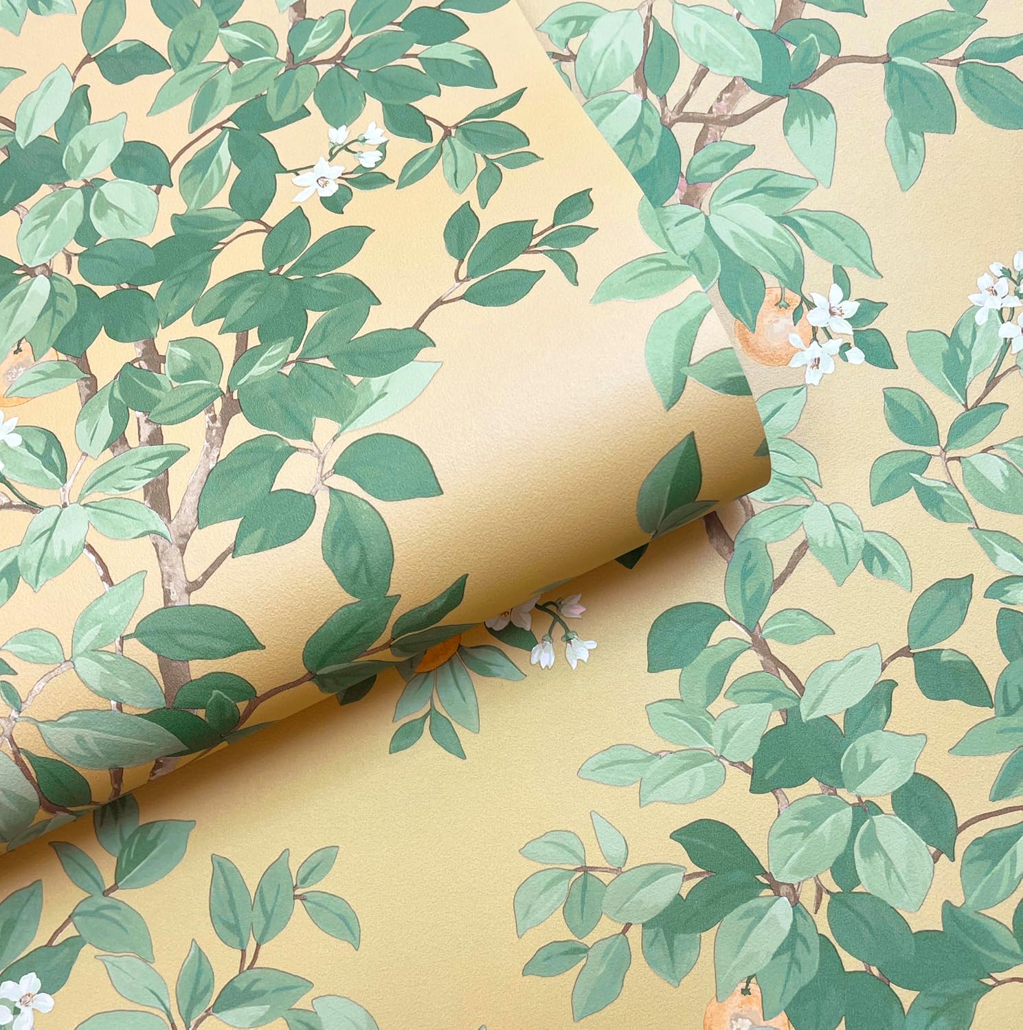 Orange Tree Yellow & Green Non-Pasted Wallpaper – Bright Citrus Blossom Orchard Pattern, 56 Sq Ft Coverage – Paste-the-Paper