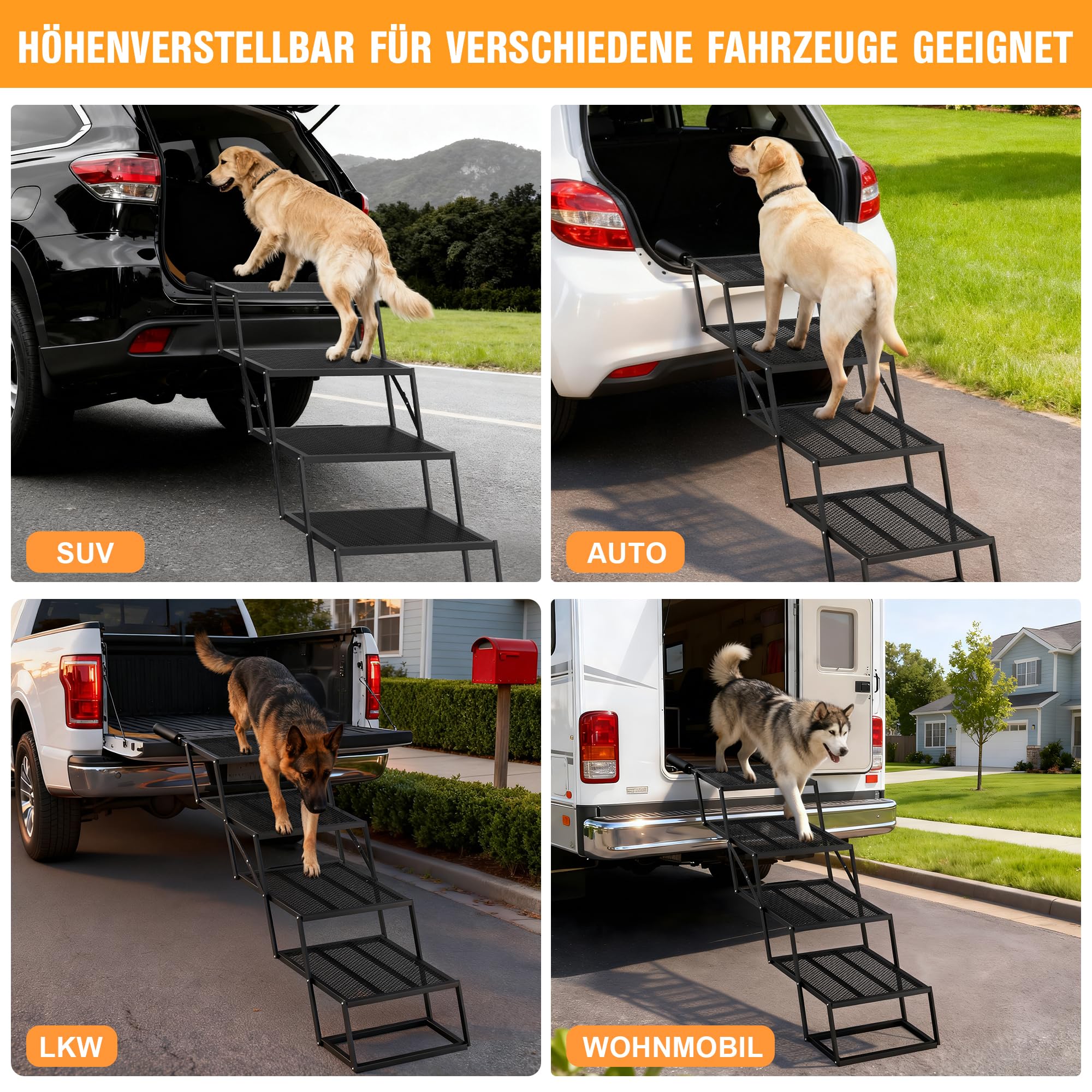 ROTTOGOON Tragbare Haustiertreppe Breite 4-stufige Hunderampe Auto Klappbar | Hundeautotreppe Zusammenklappbare, mit Rutschfester Lochgitterplatte, aus Leichtem Eisen für Auto SUV und LKW