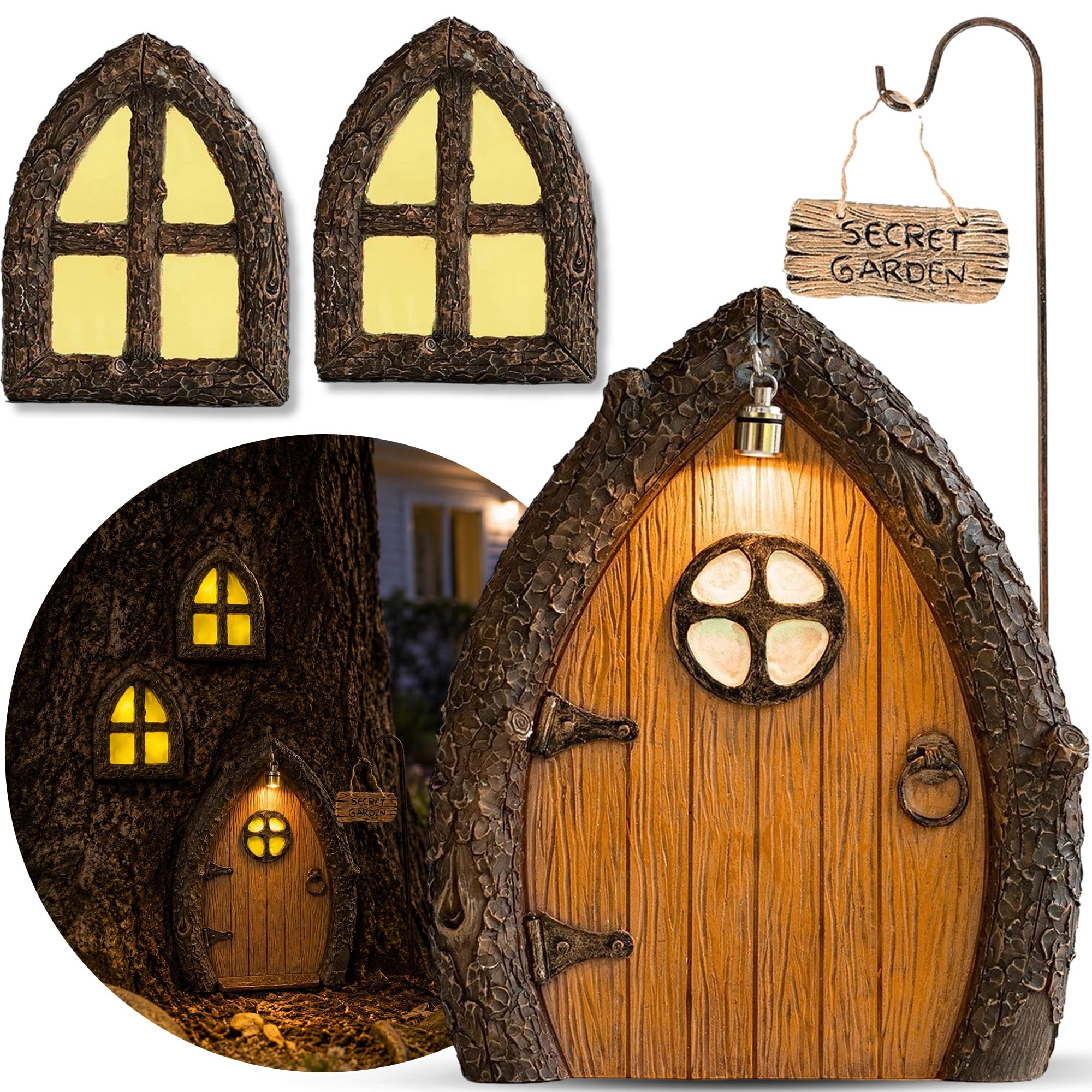 Fairy Door and Windows for Trees – Glow in The Dark Yard Art Sculpture Decoration for Kids Room, Wall and Trees Outdoor | Miniature Fairy Garden Outdoor Decor Accessories with Secret Garden Sign-image-43