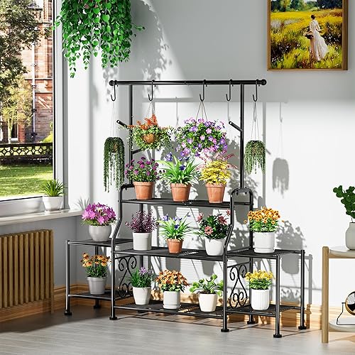 Miniatura 2 de GIOTORENT Soporte alto de metal para plantas de 3 niveles para interiores y exteriores, estante resistente para plantas para jardín, patio, balcón