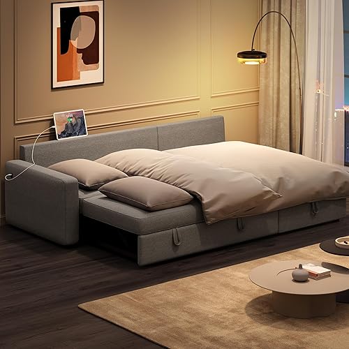 Miniatura 9 de Yaheetech Sofá modular en forma de L con diván y USB, sofá cama reversible con cama extraíble y espacio de almacenamiento, sofá convertible de tela
