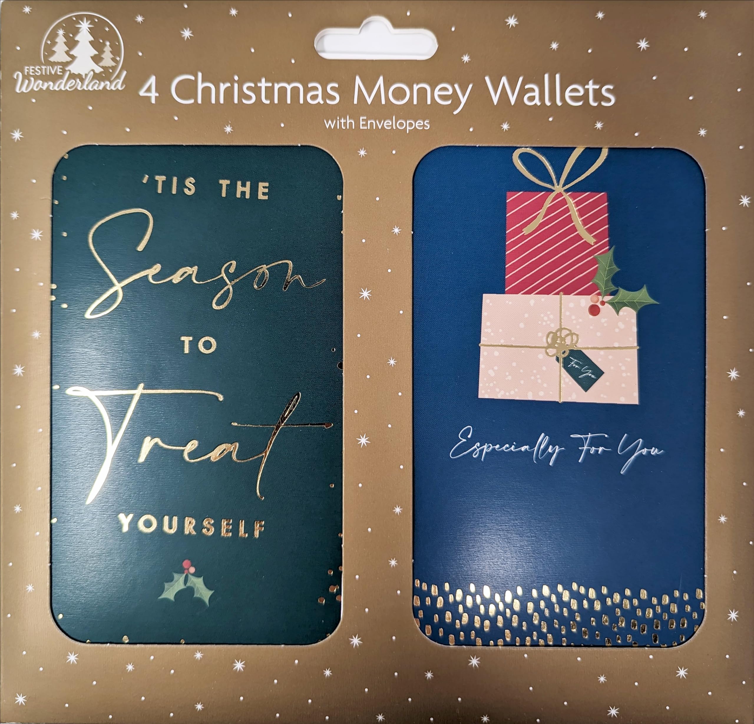 4 Luxury Christmas Money Wallets with Envelopes Gold Foil Gift Card Holders Recyclable 16x9cm Festive Glam Designs Gift Card and Money Wallets Eco Packaging