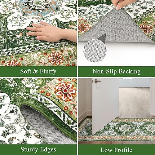 Miniatura 5 de Ileading Alfombra vintage para pasillo, lavable a máquina, con parte trasera de goma, antideslizante, para dormitorio, sala de estar (verde, 2 x 6