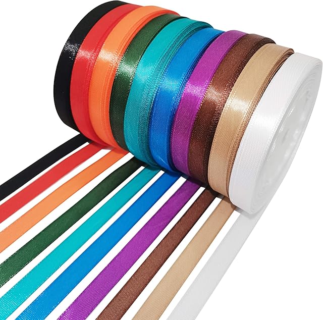 Utrowat 10 Rolls Satin Ribbon,Assorted Colour Double Sided Fabric Ribbon Wrapping for Party Wedding Festival Crafts, Hair Bow, Trimming and Sewing,240Yards/Group (10mm Wide)