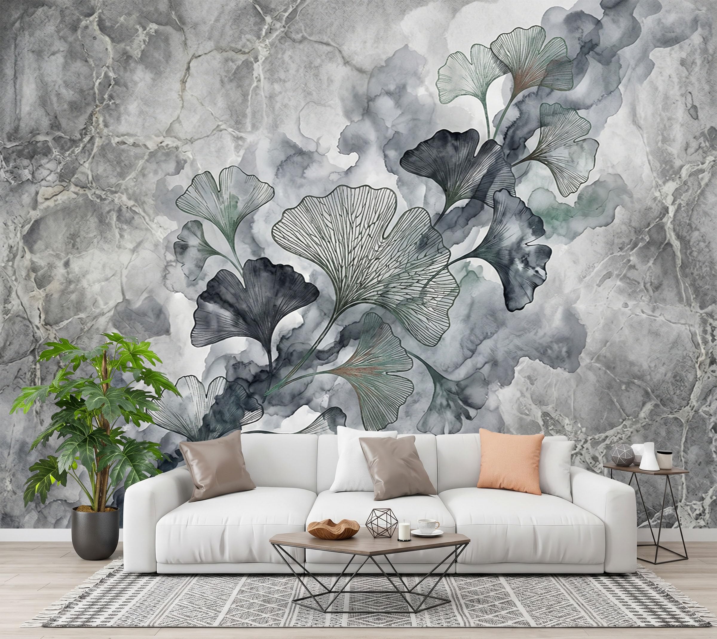 Fotomurali Carta Da Parati Marmo Foglia Di Ginkgo 200x140cm | Carta Da Parati 3D Seta Pittura A Inchiostro In Stile Retrò Studio Sala Pranzo Divano Camera per Mobili Letto Soggiorno TV Muro