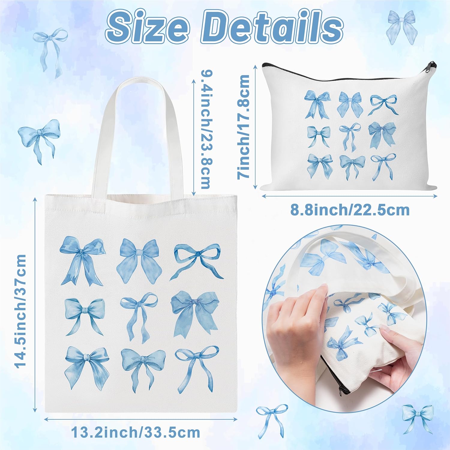 Y1tvei Blue Bows Canvas Bags - 2Pcs Cute Blue Coquette Aesthetic Tote Bag with Inner Pocket, Reusable Grocery Folding Shopping Bag, Bow Knot Zipper Makeup Pouch Gifts for Women Girls Daughter Mother