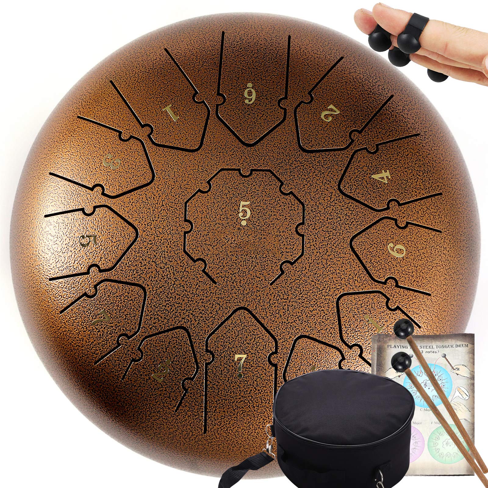 Stalowy bęben dla dzieci Dorośli, 13 notatek 12 cali - Stalowy bęben perkusyjny Handpan Tongue Drum dla i nastolatków - Pięknie wykończony i brązowy