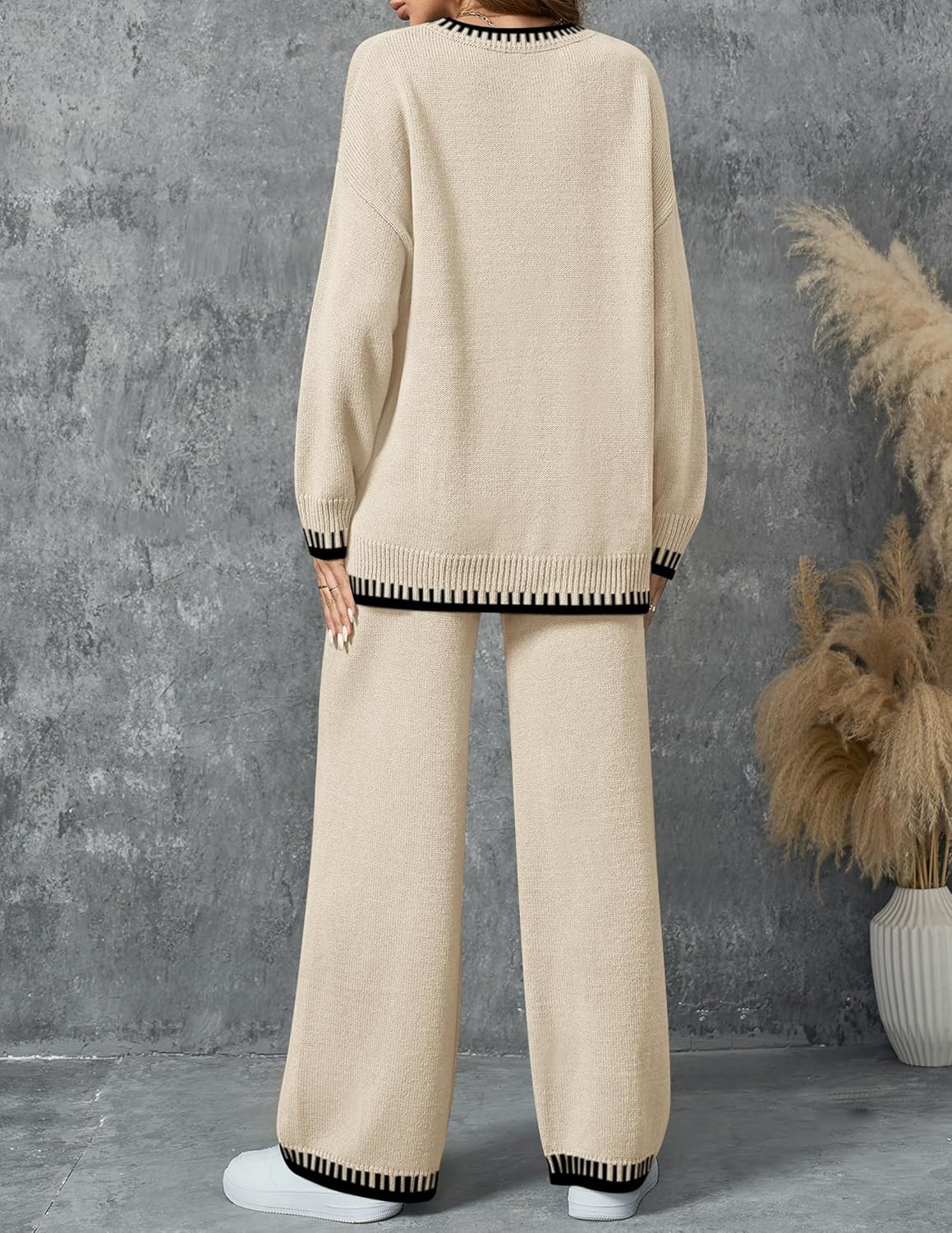 ZESICA Womens Casual 2 Piece Outfits Sweater Sets Long Sleeve Pullover Tops Wide Leg Pants Lounge Set - Image 3