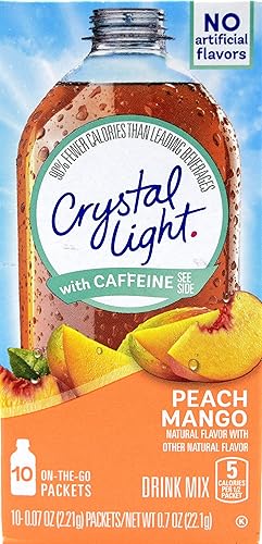 Crystal Light On The Go Peach Mango con mezcla de bebidas de cafeína, caja de 10 paquetes (paquete de 8)