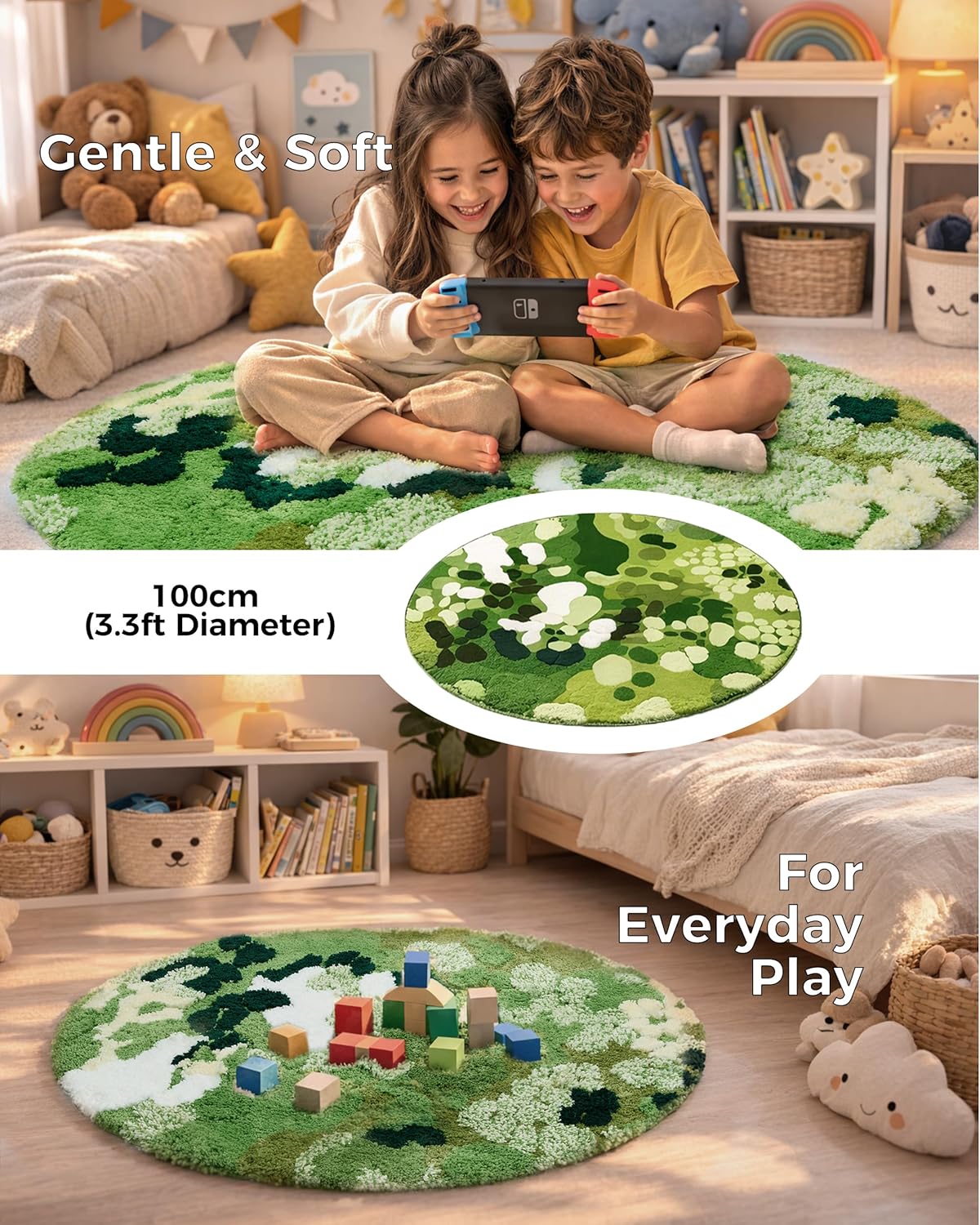 Round Moss Rug 100cm (3.3 ft Diameter) Green Circle Mat with Non-Slip TPE Backing, Soft 3D Tufted Round Rug for Office Chair, Bedroom, Rocking Chair, Bathroom, Aesthetic Nature Inspired Floor Rug