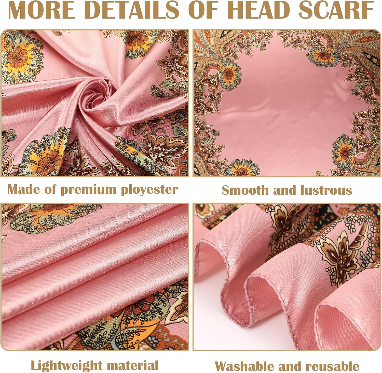 JATEBI Women Large Satin Scarf Square Wraps Silk Feel | Vintage Print & Solid Color Bandana for Hair, Head, Neck - Soft Lightweight Big Bandana Scarves for Daily Wear