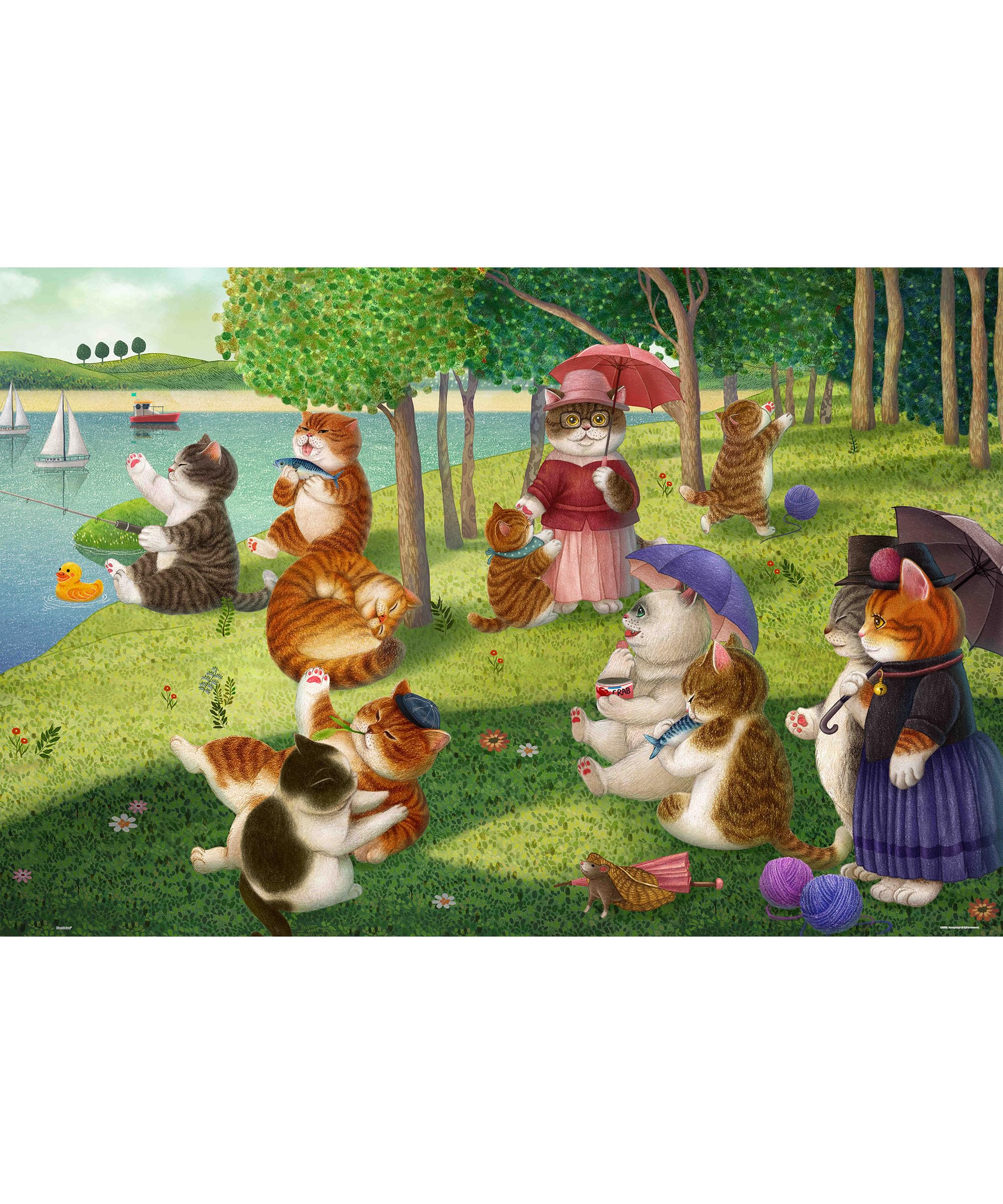 PieceRelax PieceClicks Plastic Jigsaw Puzzles for Adults 2000 Pieces Cat Puzzle Nyangsongi - A Sunday Afternoon on the Island of Cat - 25 x 37.6 Inches, Cute Cat Artwork [U1104]