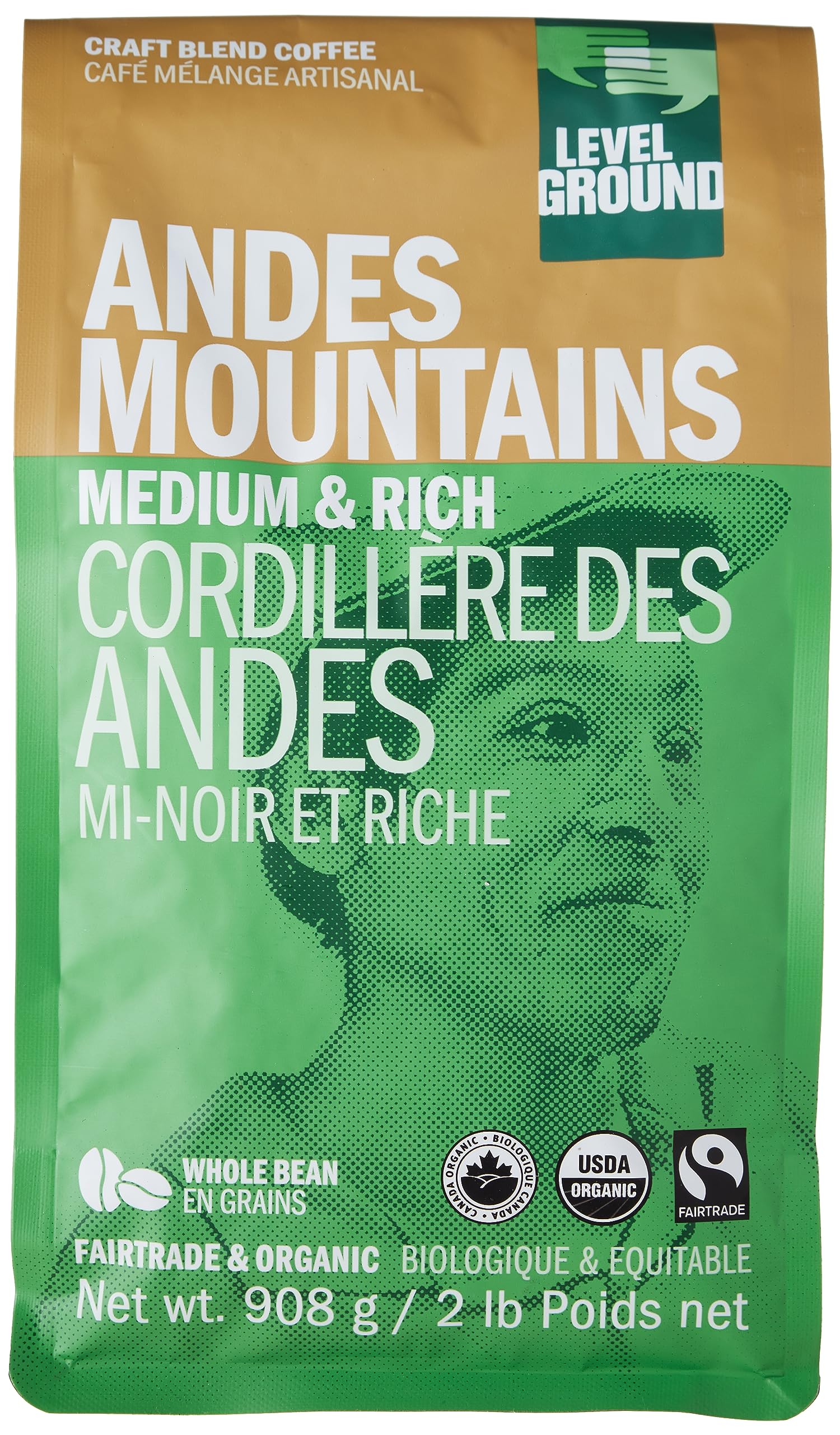 Level Ground Cafe Coffee - Andes Mountains Craft Blend - Medium Roast Whole Bean - Fair Trade Organic 1% For the Planet 