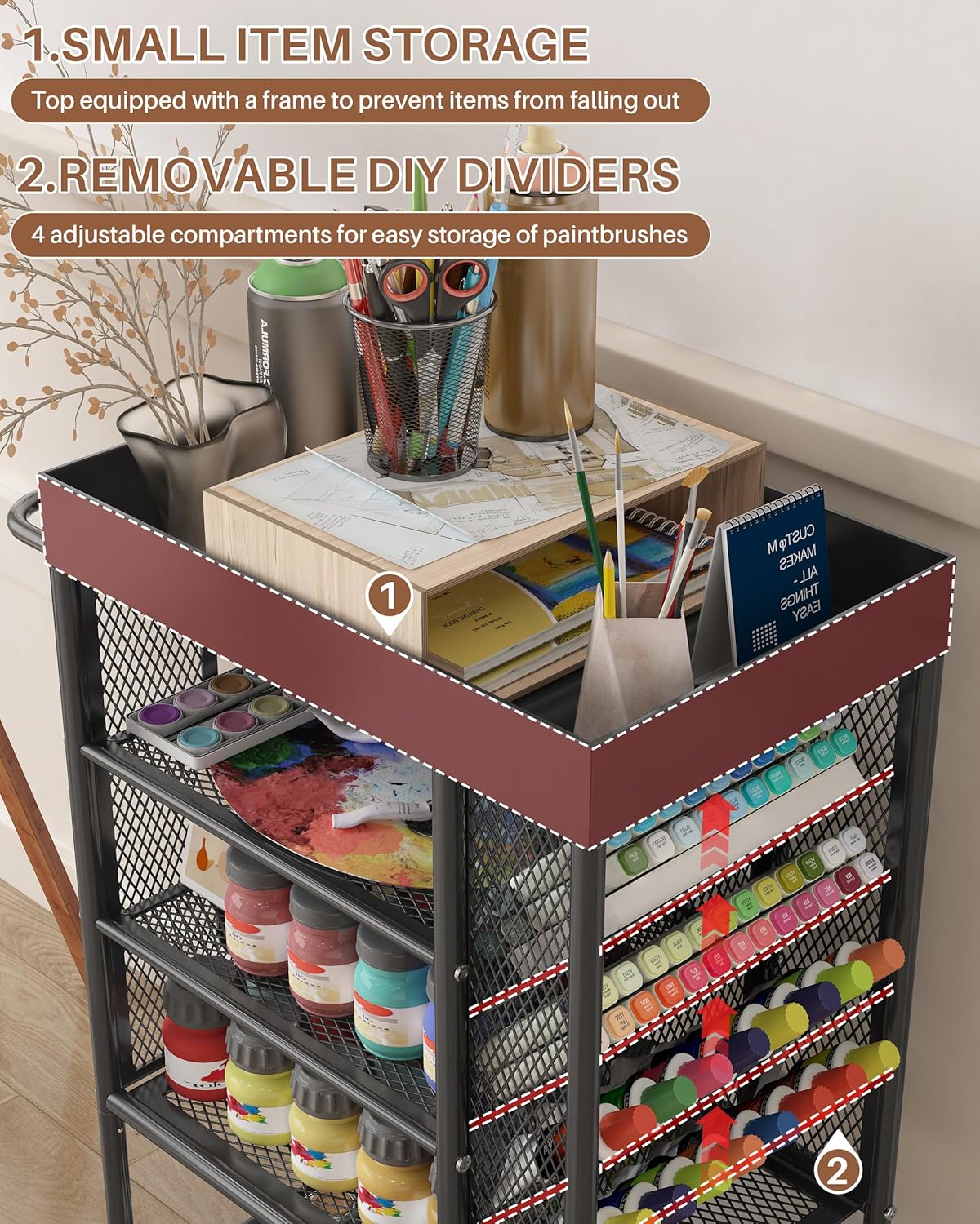 Art cart with a Metal top- Rolling Utility Cart & Organizer for Home- Multi-Functional with Handle Storage for Art Supplies, Store for Brushes,Paints,Small Parts(Black)