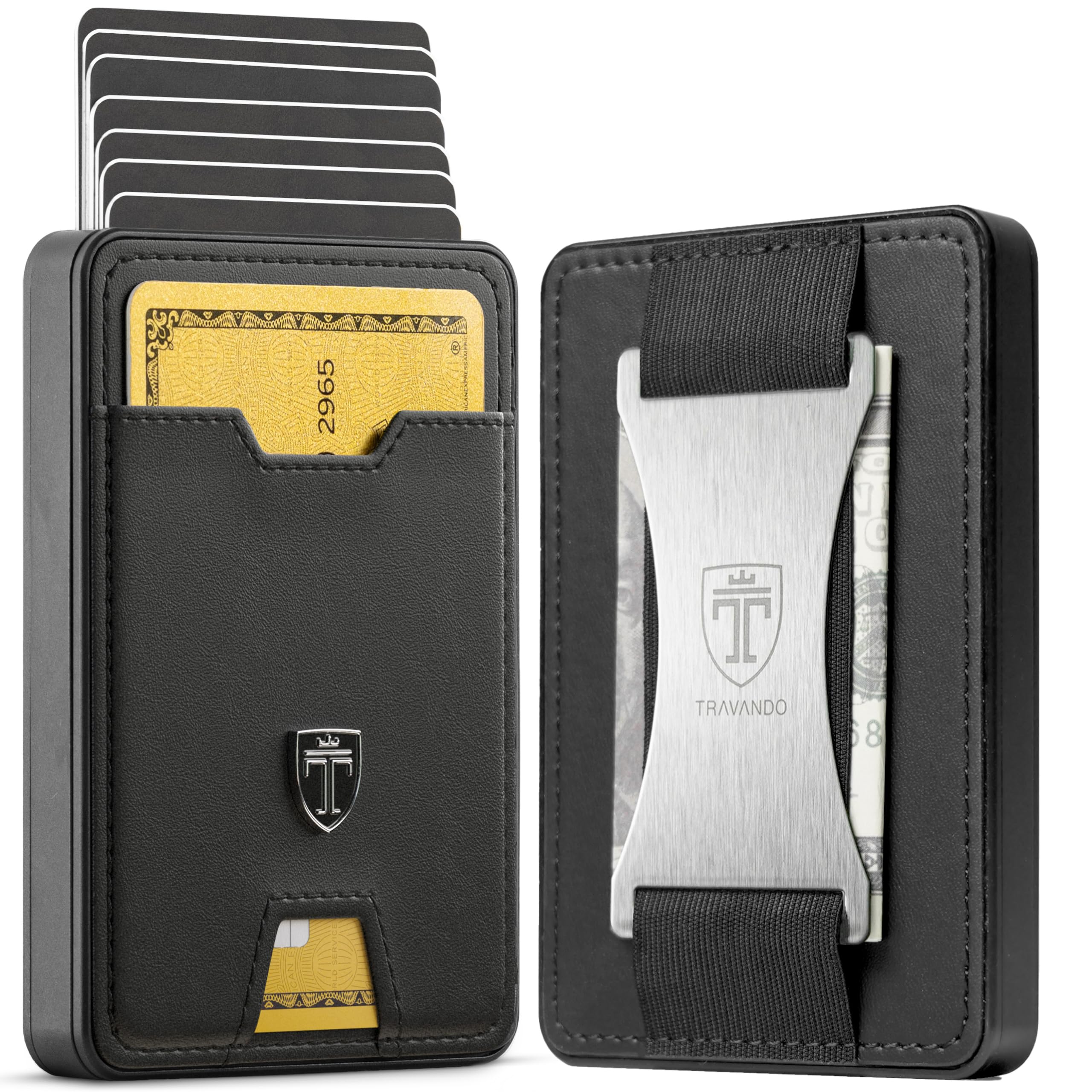 TRAVANDO SWYPE Alluminio Portafoglio Uomo Slim in Vera Pelle - Portacarte Uomo Protezione RFID - Porta Tessere piccolo con cinturino Porta Soldi - Portafogli Slim Di Credito - Mini Smart Wallet