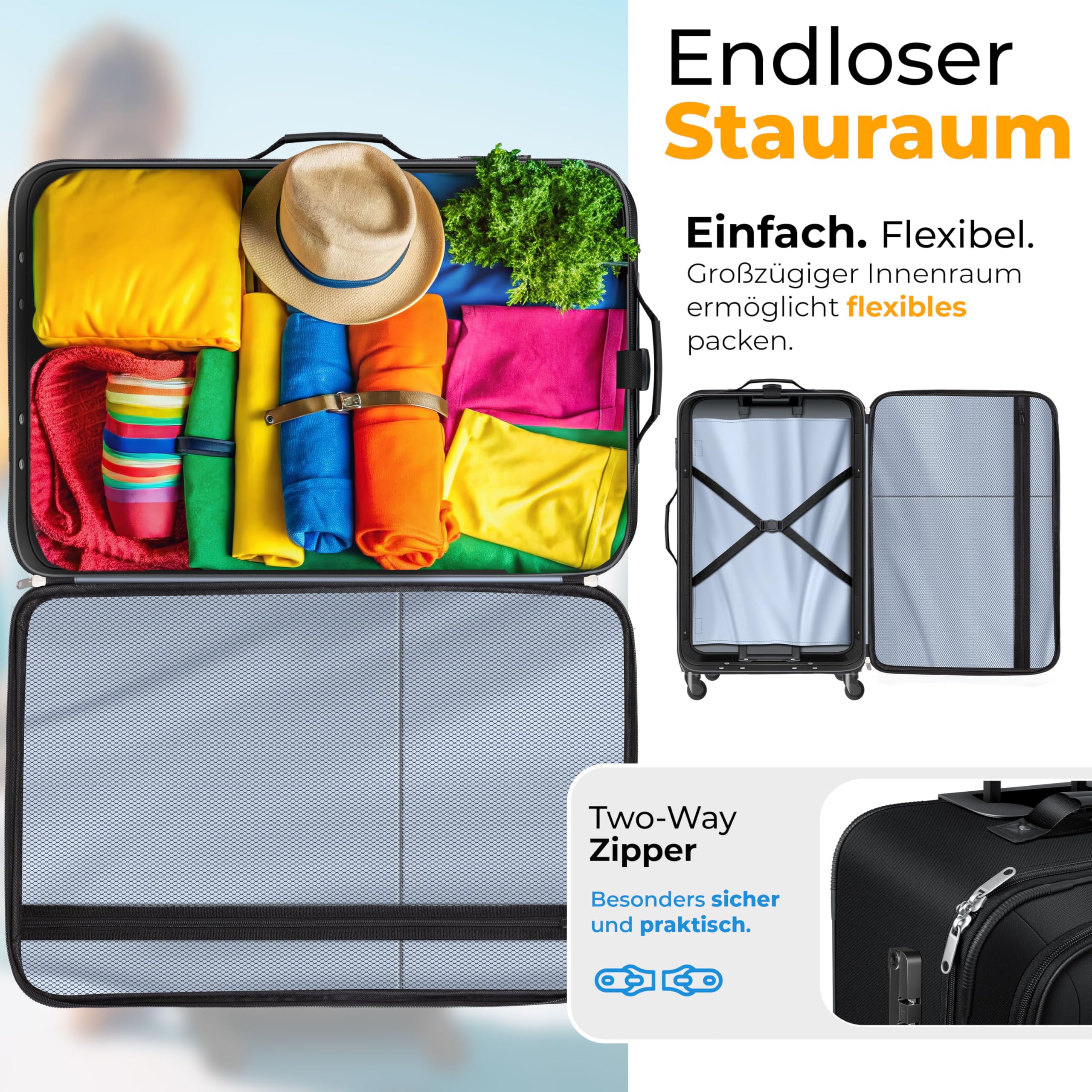 KESSER Set di valigie da viaggio da 4 pezzi | Valigia in tessuto con 3 cifre TSA, ruote a 360° e manico telescopico | Beauty case portatile bagaglio leggero e grande valigia per affari e viaggi, Nero