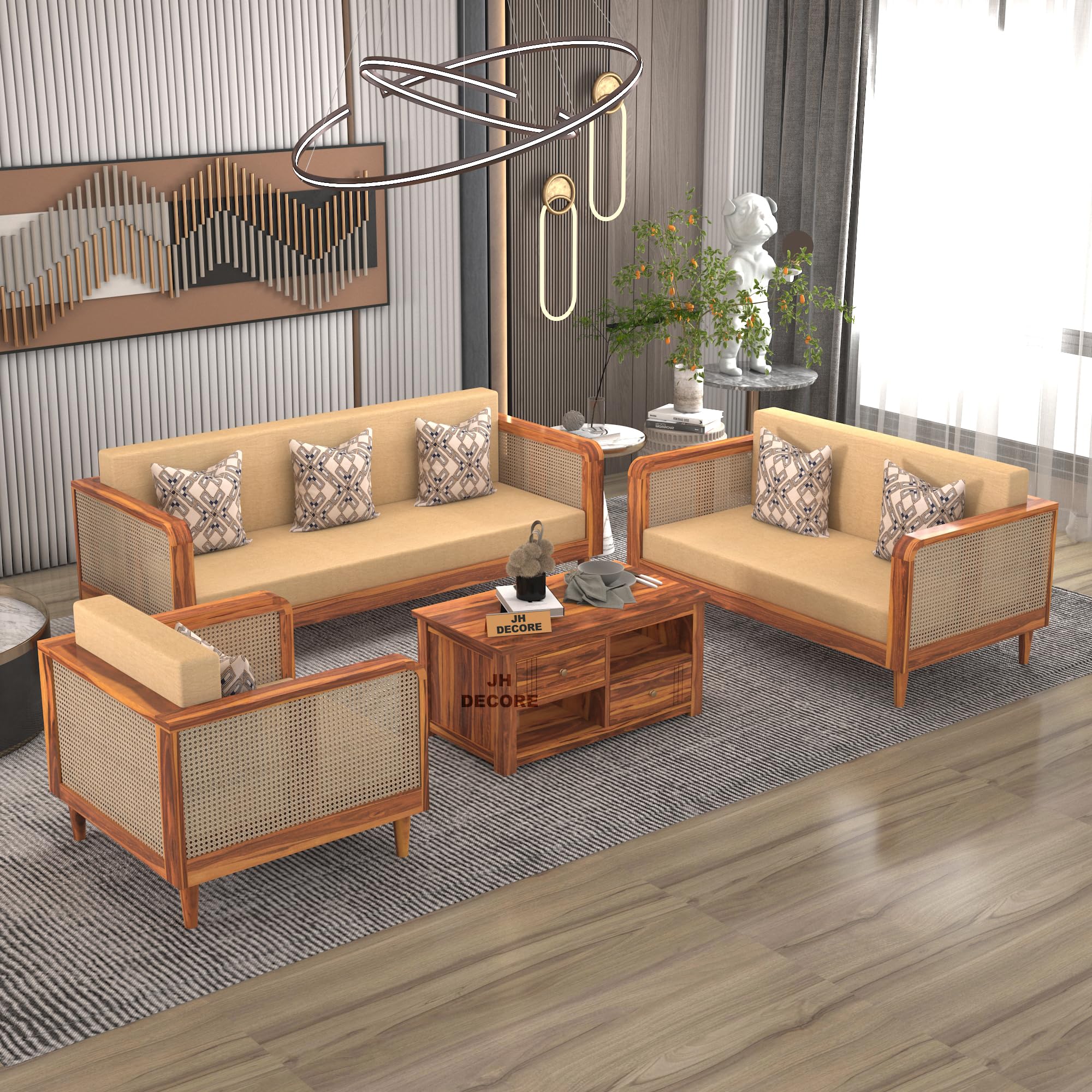 Solid Sheesham Wood 6 Seater Sofa Set for Living Room | Wooden Sofa Set 6 Seater for Living Room 3+2+1 | Rattan Cane Sofa Set 6 Seater (Natural Finish)-image-28