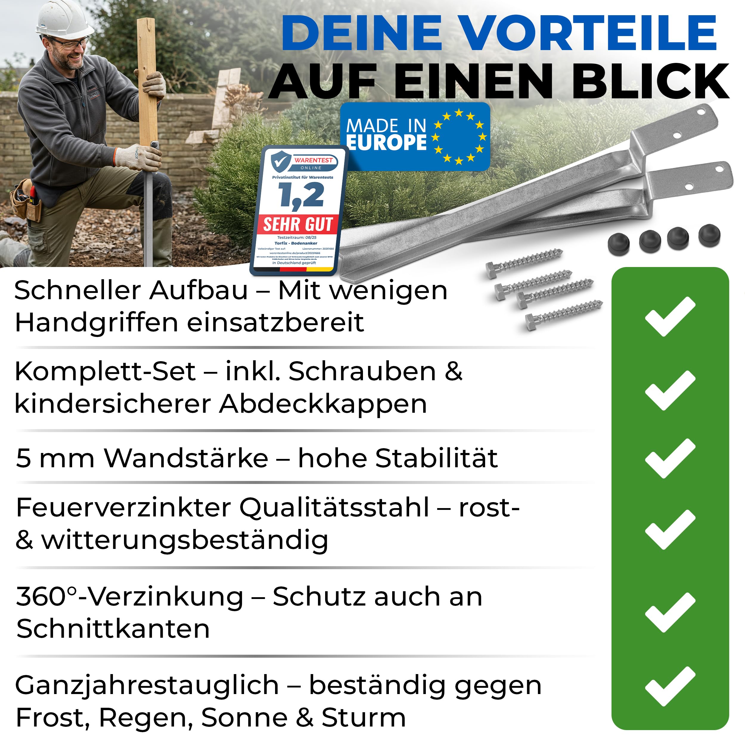 Bodenanker für Holzpfosten Einschlaghülse Z-Form 50,5 cm, 4er Set, 5 mm Stahl feuerverzinkt, V-Spitze, Made in EU, inkl. Schrauben & Sicherheitsabdeckkappen, für Schaukel Spielturm Holzpfosten