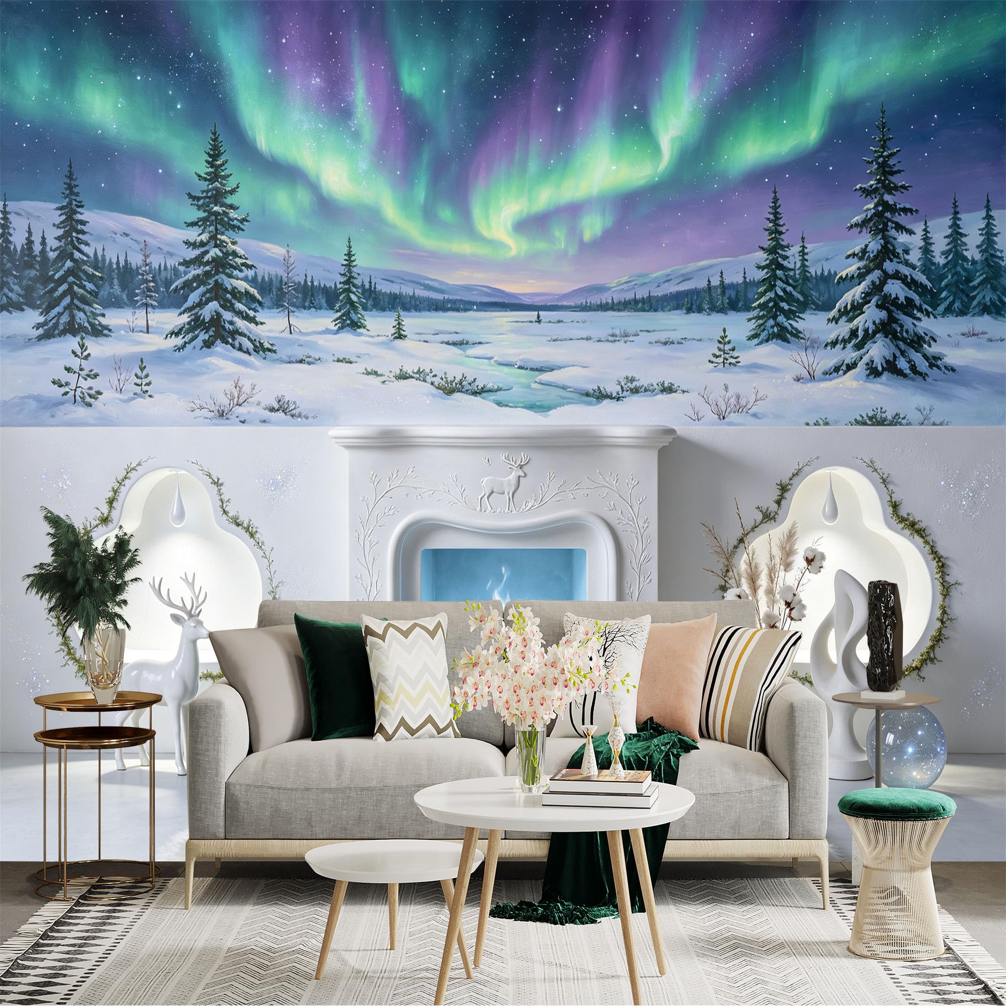 Lnzczhyre Bh260719422 Custom Size Wall Sticker Mural， Magical Aurora Borealis， Snowy Winter Landscape， Frozen River And Evergreen Forest， For Wall Decoration， Peelandstick Wall Decals.