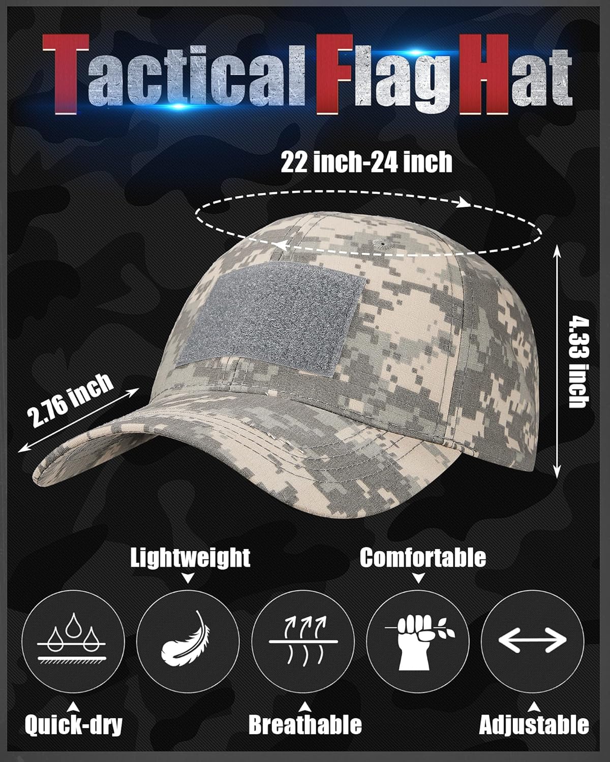 6 Pack Tactical Hat for Men Camouflage Military Hat Tactical Operator Caps with 6 American Flag American Patches 6 USA Patches for Men - Image 3