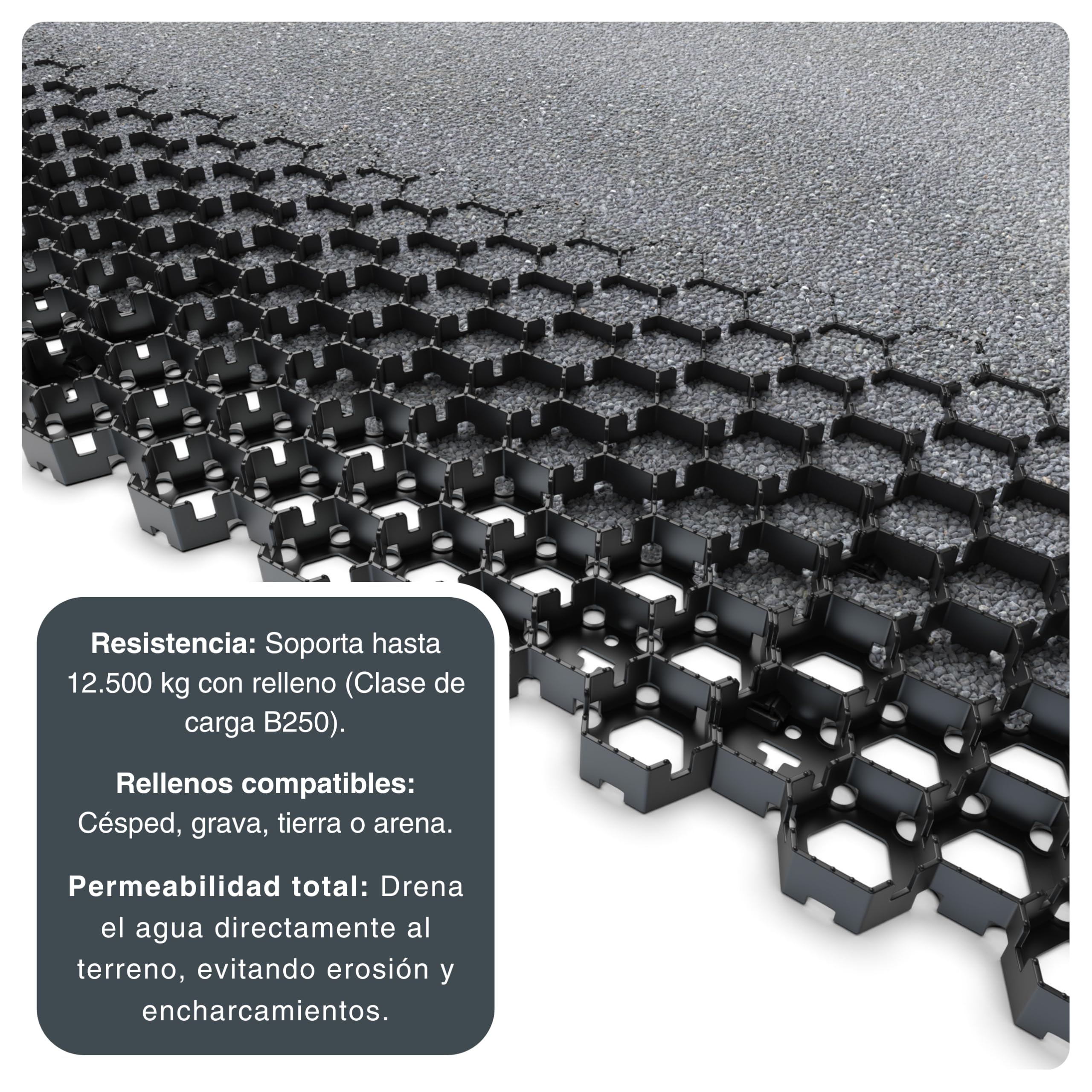 Vodaland HEXpave – Pavimento Permeable-Estabilizador de grava- de 3 cm de Altura – Soporta hasta 12,000 kg – Ideal para Patios, Caminos, Bases de Cobertizos, Uso Vehículos Ligeros (pack de 5,85 m²)