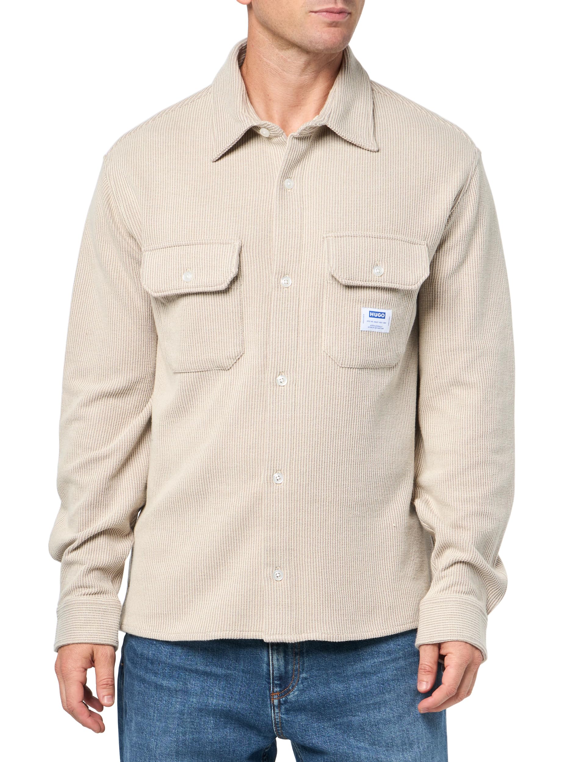 HUGO Men's Cotton Twill Woven Patch Overshirt, Cloud Dancer, XL