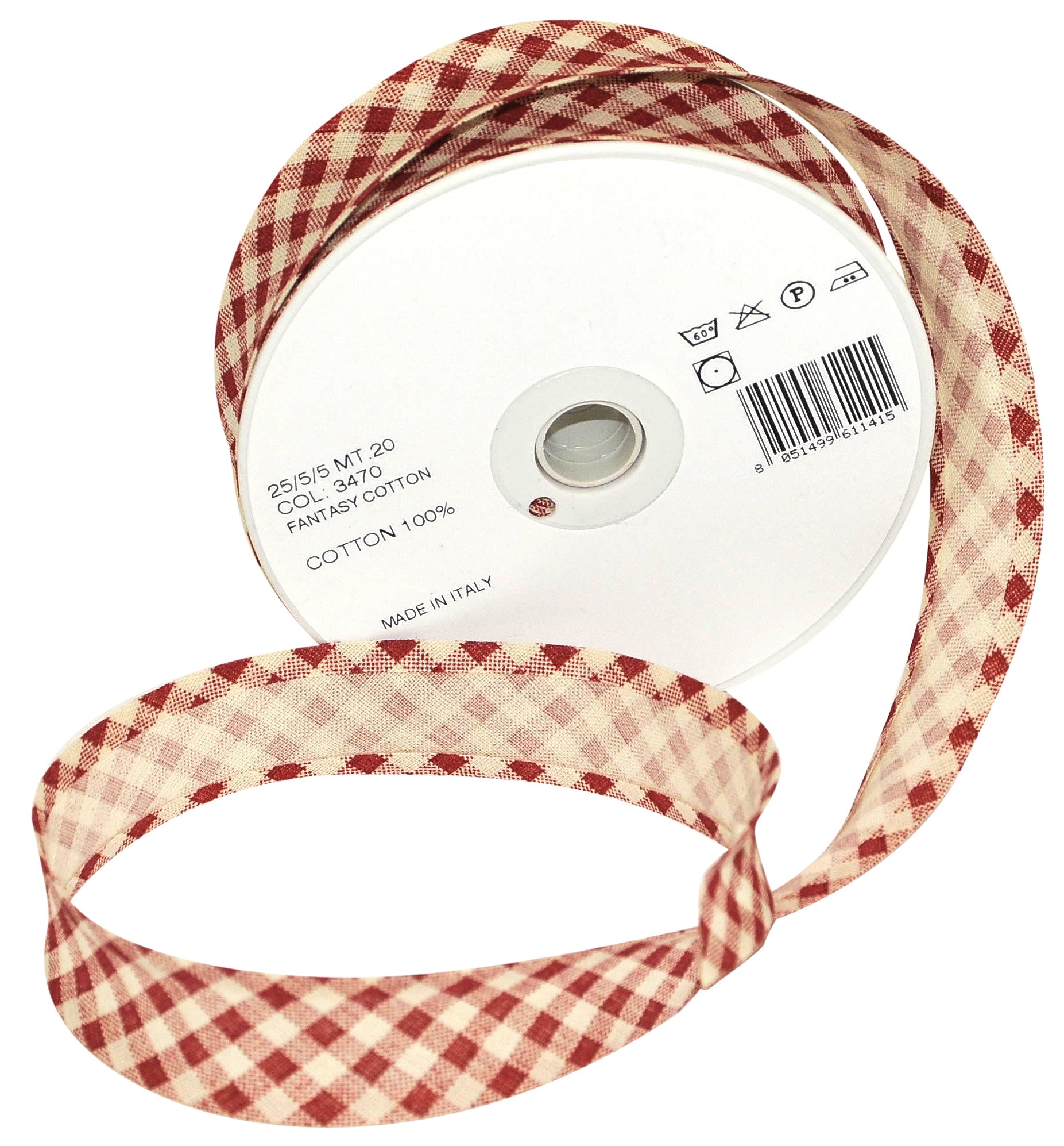 Inastri 25/5/ 5 mm Cotton Bias Binding in Red Beige Rustic Gingham 3470