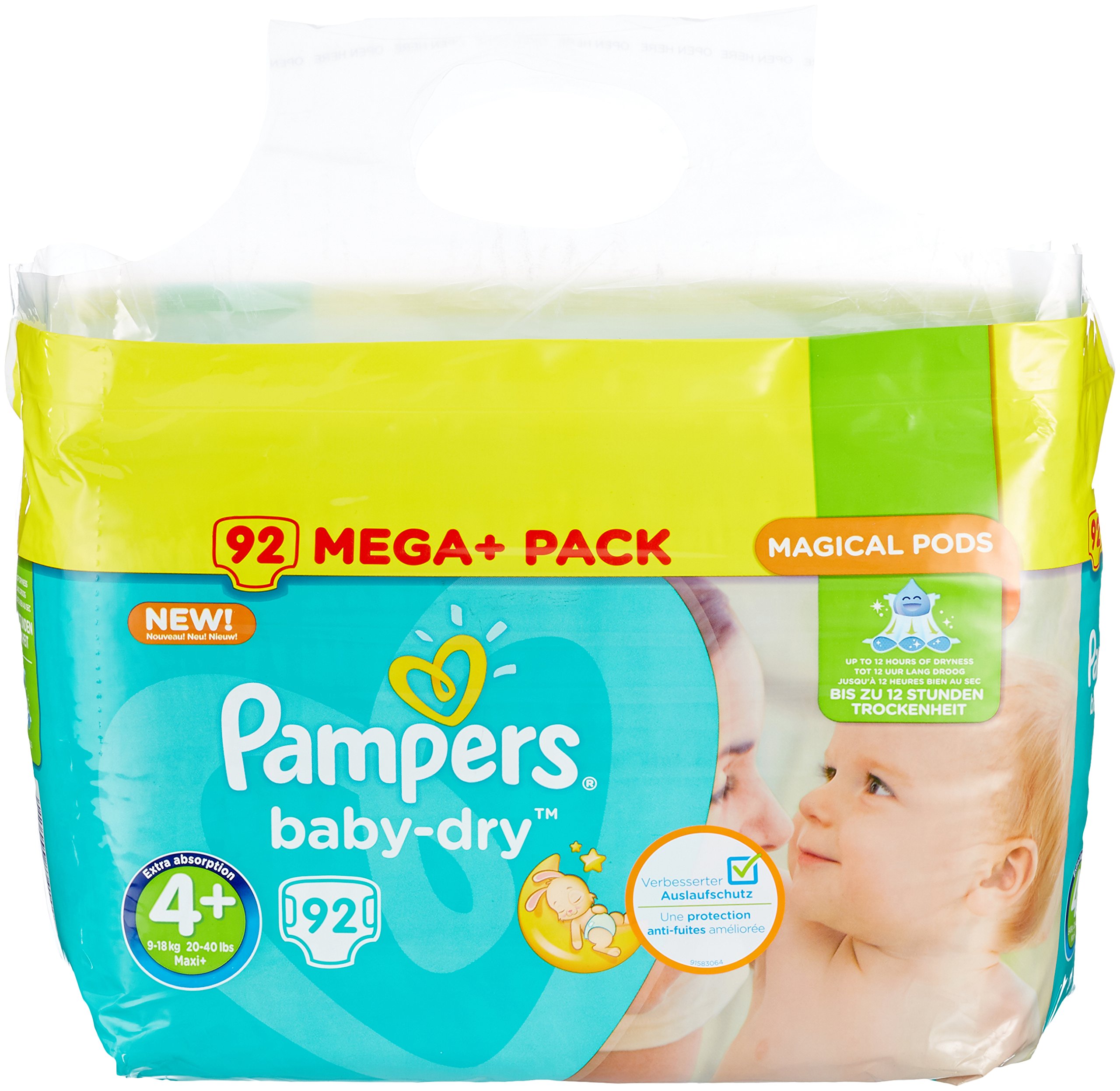 Pampers Baby-Dry pieluchy rozmiar 4+ (10-15 kg), kanały powietrzne zapewniające oddychającą suchość przez całą noc, bardzo chłonne, Mega Plus, 1 opakowanie (1 x 92 sztuki)