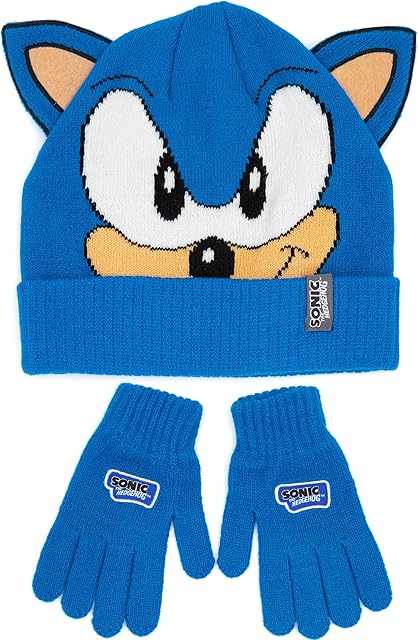 Sonic The Hedgehog Beanie Hat and Gloves Set Kids | Children Boys Girls Character Face 3D Ears Blue Winter Double Lined Beanie | One Size Hat
