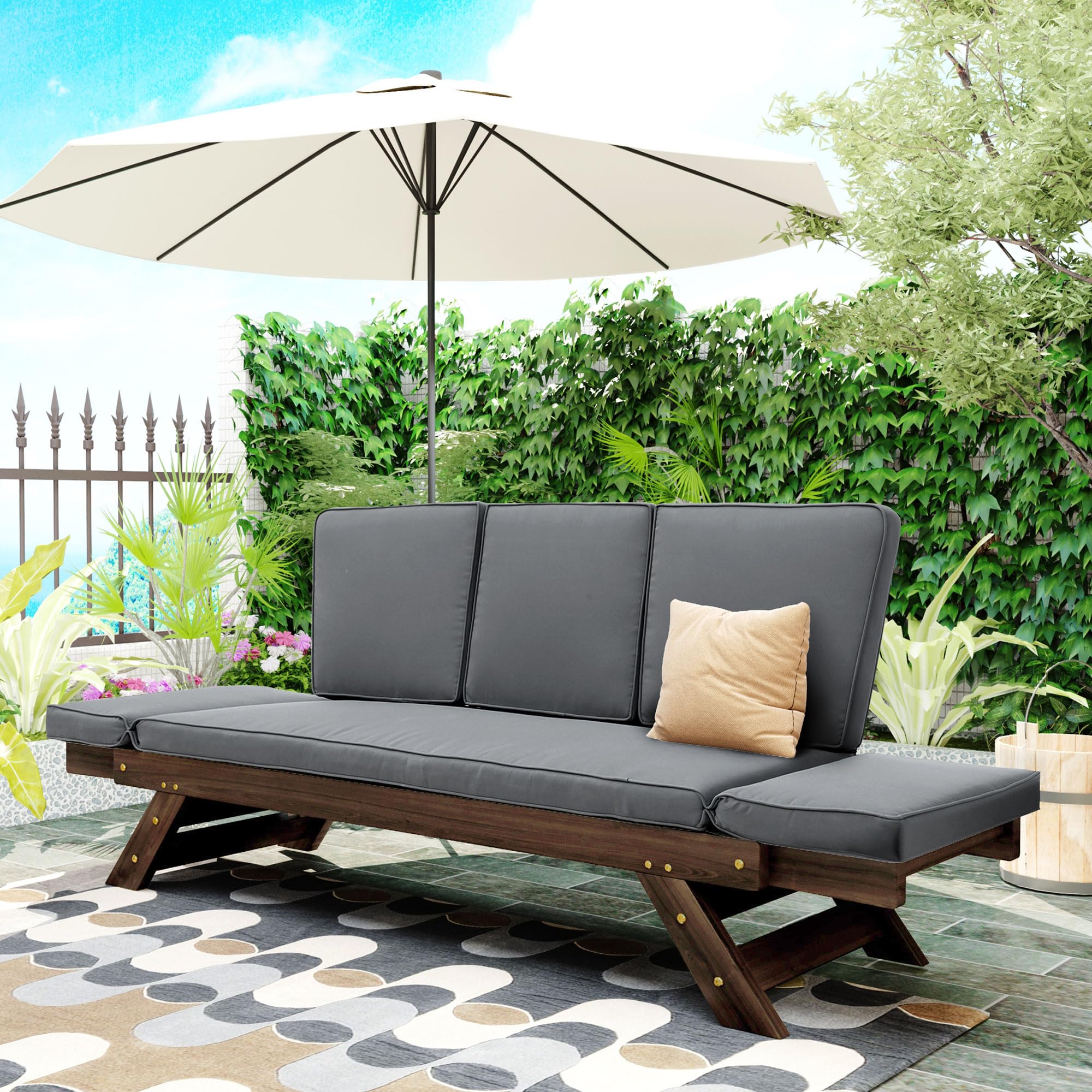 GOWE Outdoor Adjustable Patio Wooden Daybed Sofa Chaise Lounge with Cushions for Small Places, Brown Finish+Gray Cushion
