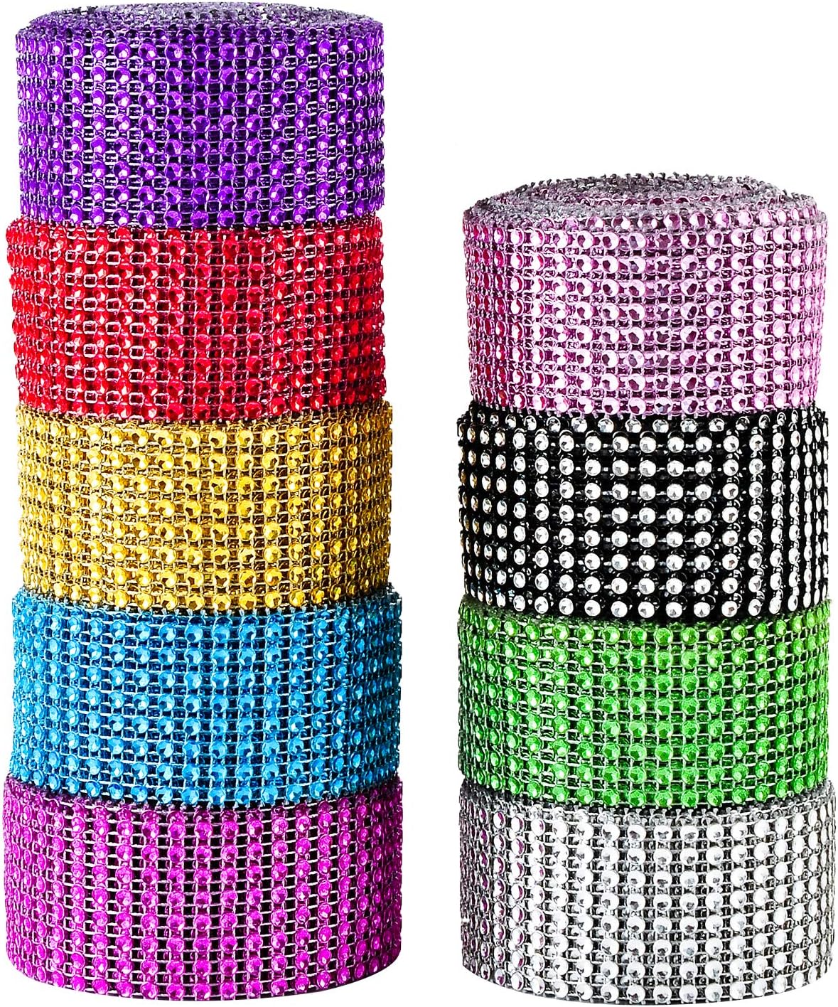 Berolle 9 Rolls 9 Yards Rhinestone Mesh Ribbon Acrylic Crystal Diamond Ribbon Trim for Home Decoration Cake Wedding Party(8 Row,9 Colors)