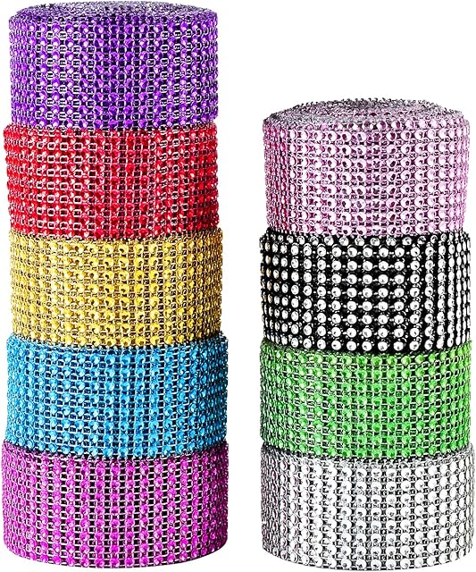 Berolle 9 Rolls 9 Yards Rhinestone Mesh Ribbon Acrylic Crystal Diamond Ribbon Trim for Home Decoration Cake Wedding Party8 Row,9 Colors