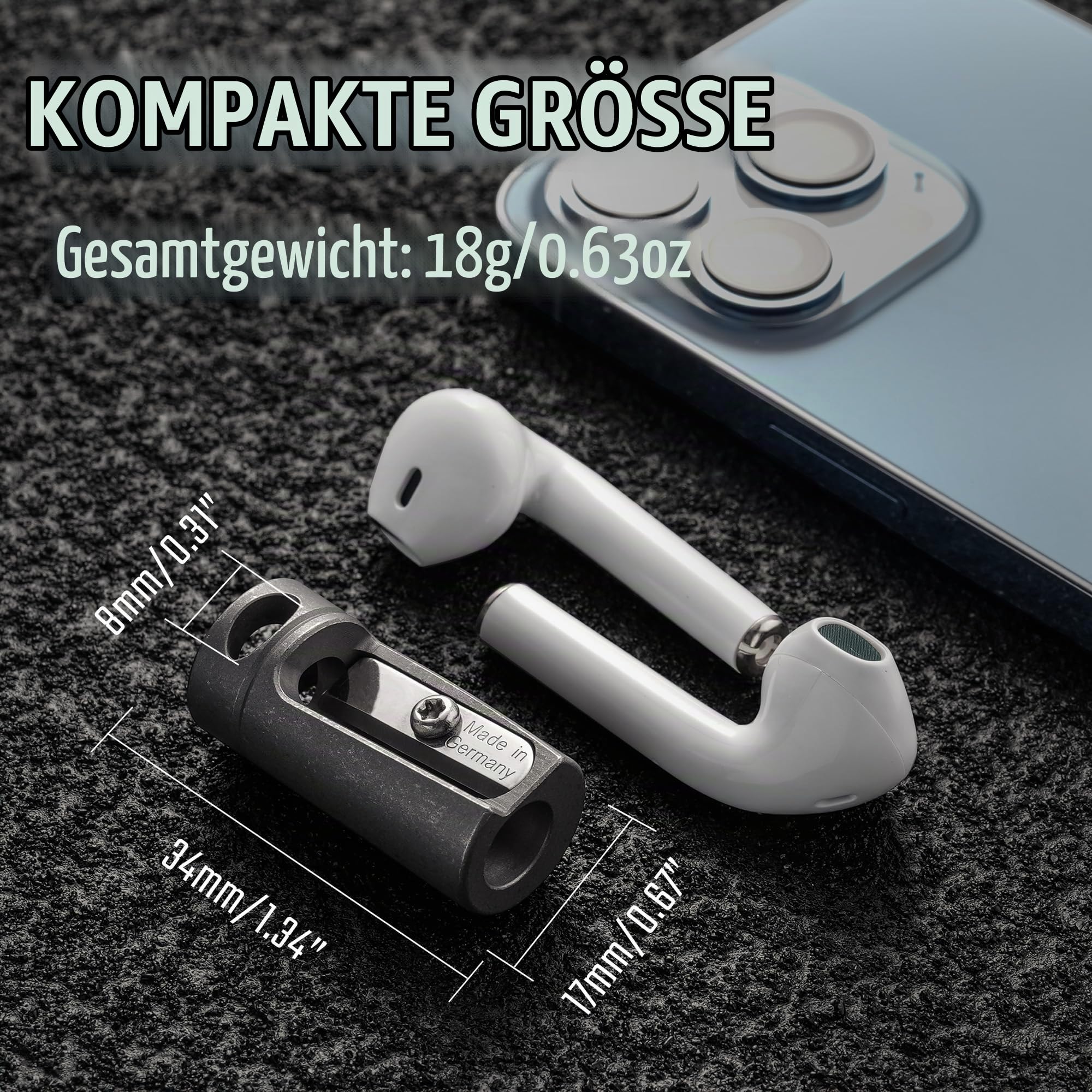KeyUnity Sharpener aus Titanlegierung Handlich, Deutsche Stahlklinge, Einzelloch Anspitzer - für Camping Feuermachen, Holzformen, Schule, Büro, Kunstzeichnen & Outdoor Einsatz(Steingewaschen)