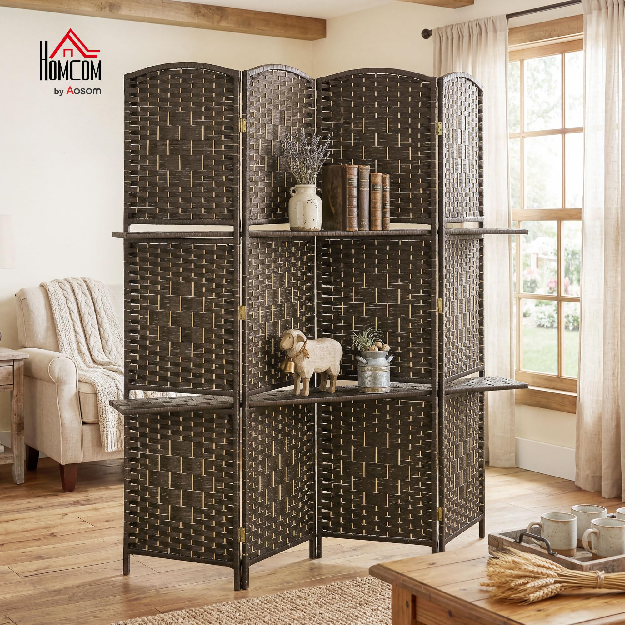 HOMCOM Biombo Separador de Ambientes de 4 Paneles 160x170 cm con 2 Estantes de Exhibición Pantalla de Privacidad Plegable Divisor para Oficina Dormitorio Marrón