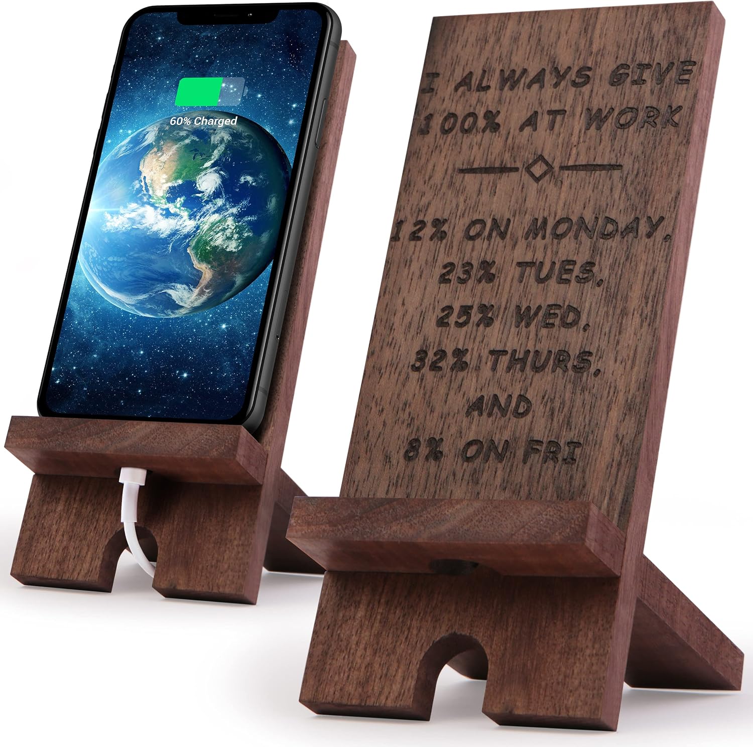 Wood Cell Phone Stand - Desktop Phone Holder for Desk - Walnut Eco-Friendly Stand Compatible with All iPhone (12, 11, X, Pro, Mini, Max...) Samsung, Ipad, Tablet, Kindle (Work)