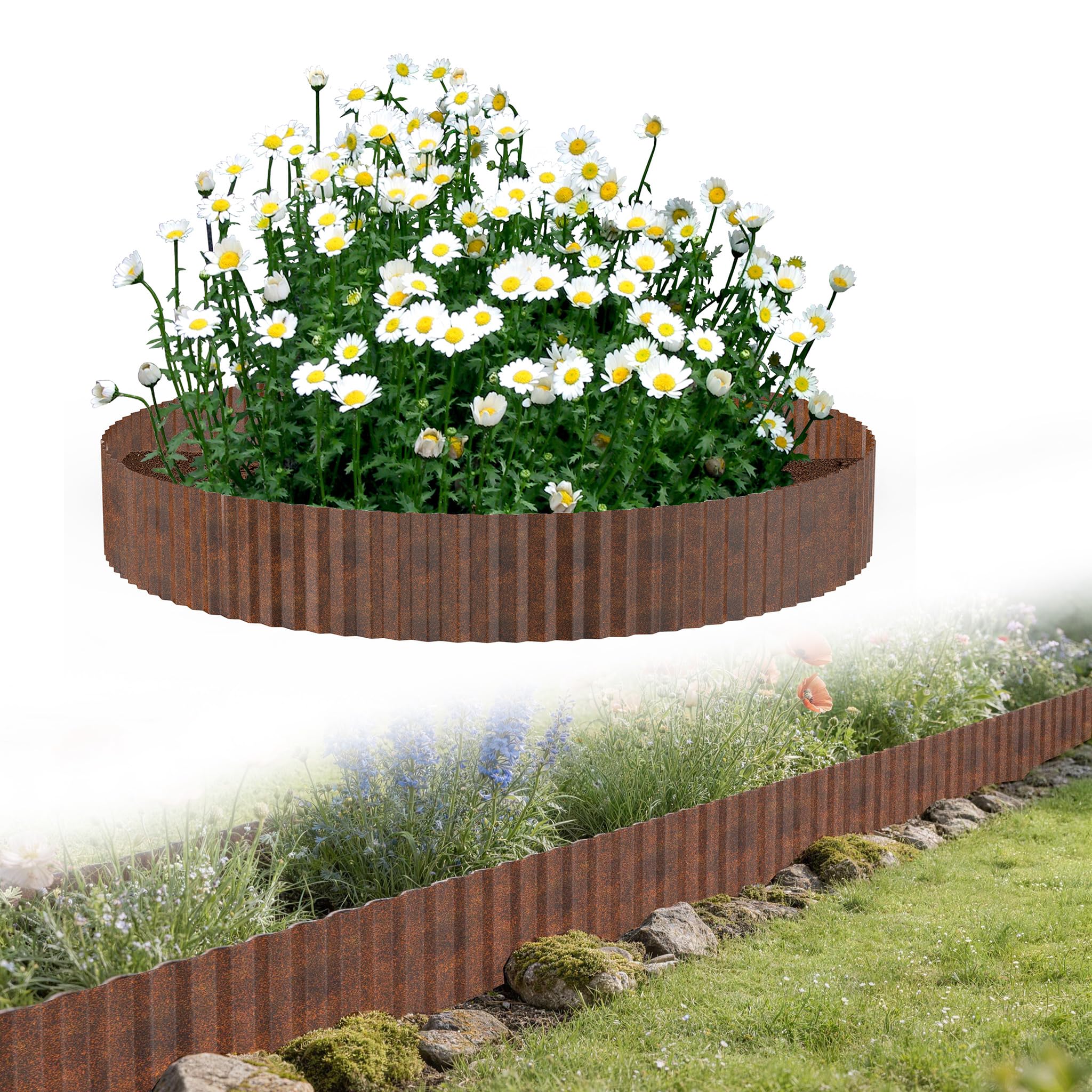 YRHome Bordo flessibile per aiuole, 10 m, lunghezza 18 cm, altezza ondulata, bordo da giardino, in metallo zincato, bordatura per prato, aiuole, colore ruggine