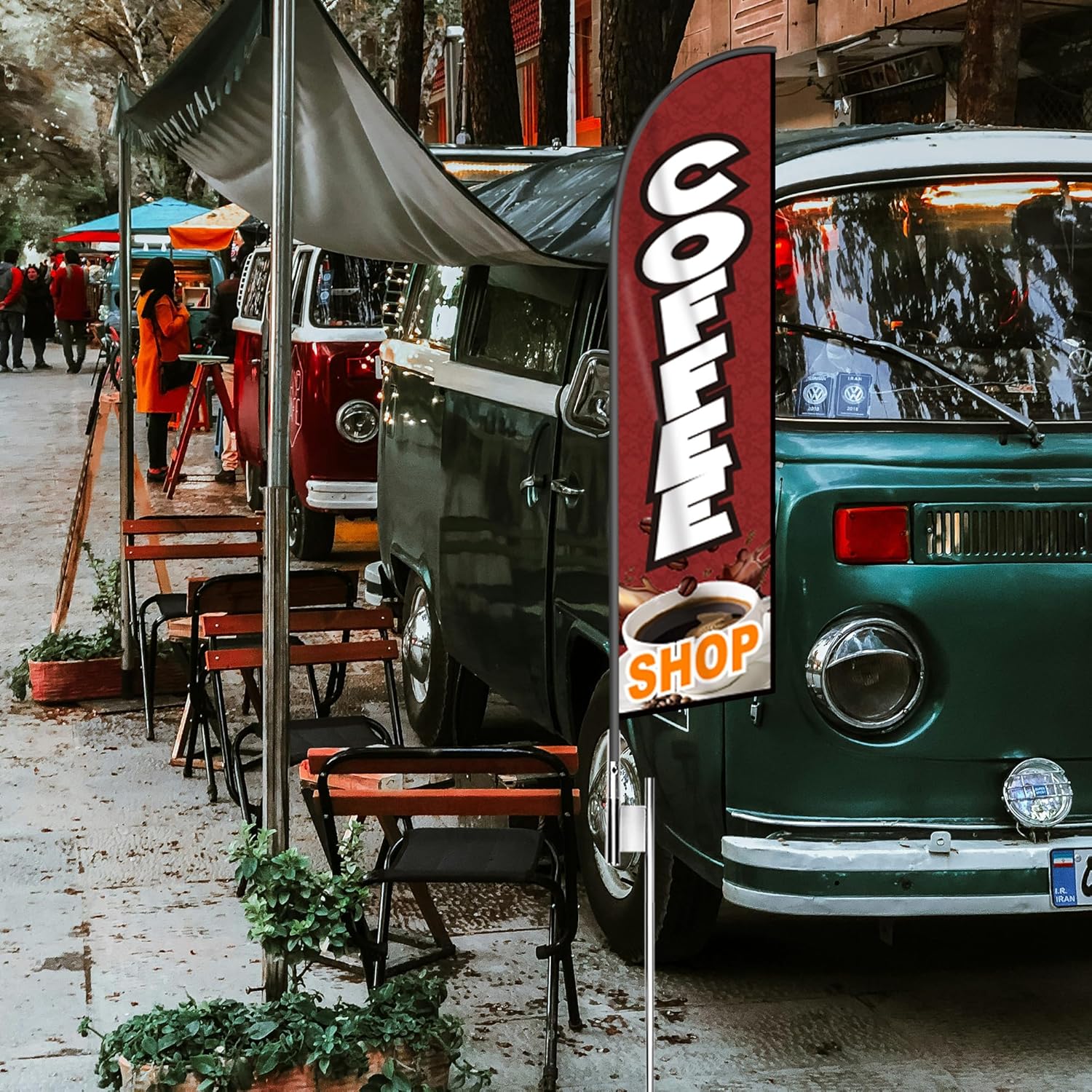 Coffee Shop Feather Flag Banner - 11.5x2.5 Ft Advertising Swooper Flag for Outdoor Business and Events Promotion - Coffee Signs Windless Full Sleeve Banner for Restaurants, Diners, Markets (Only Flag)