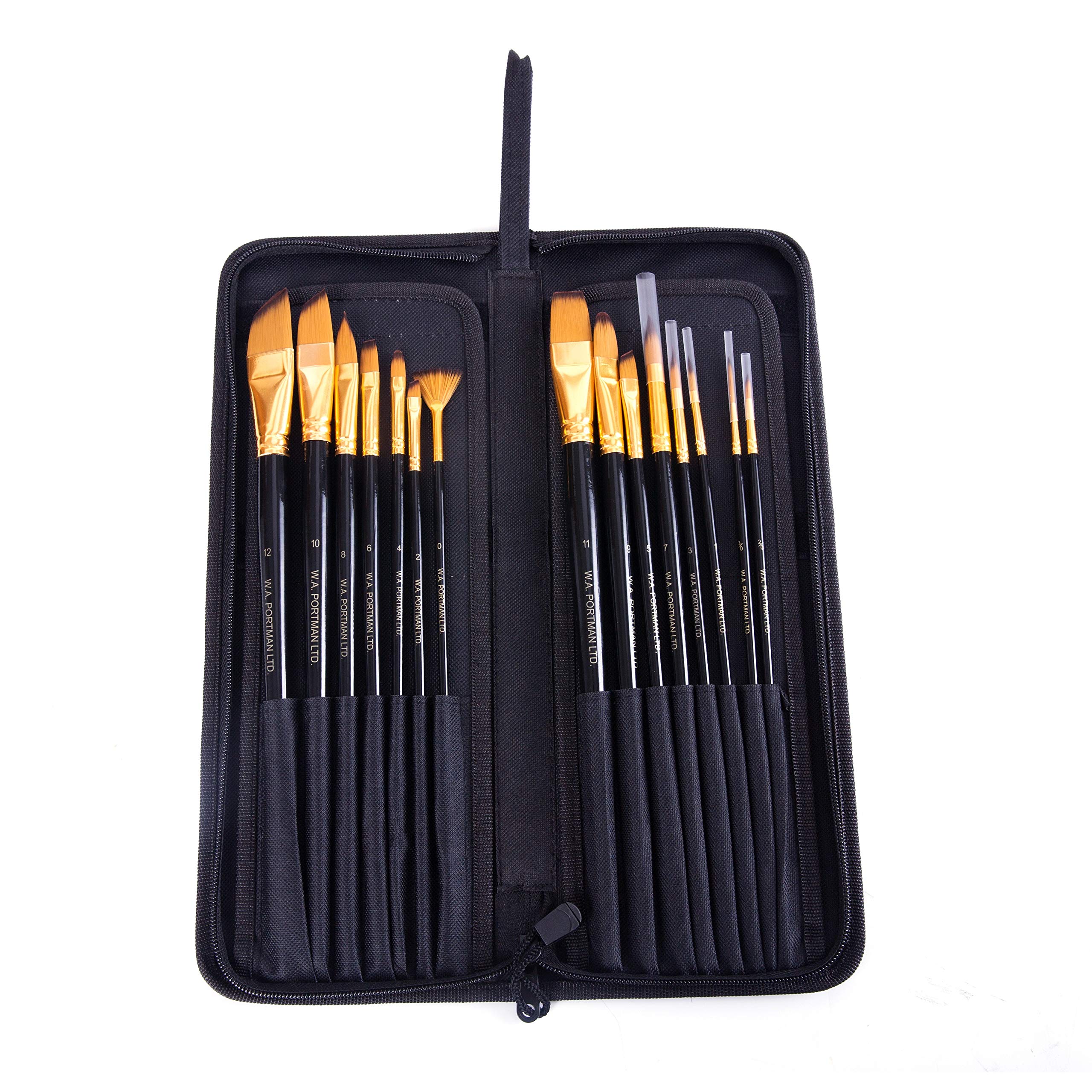W.A. PortmanOil Paint Brush Set - 15 pc Compatible with Watercolor, Acrylic & Gouache - Professional Grade Plastic Brushes in Pop-up Travel Case with Stand