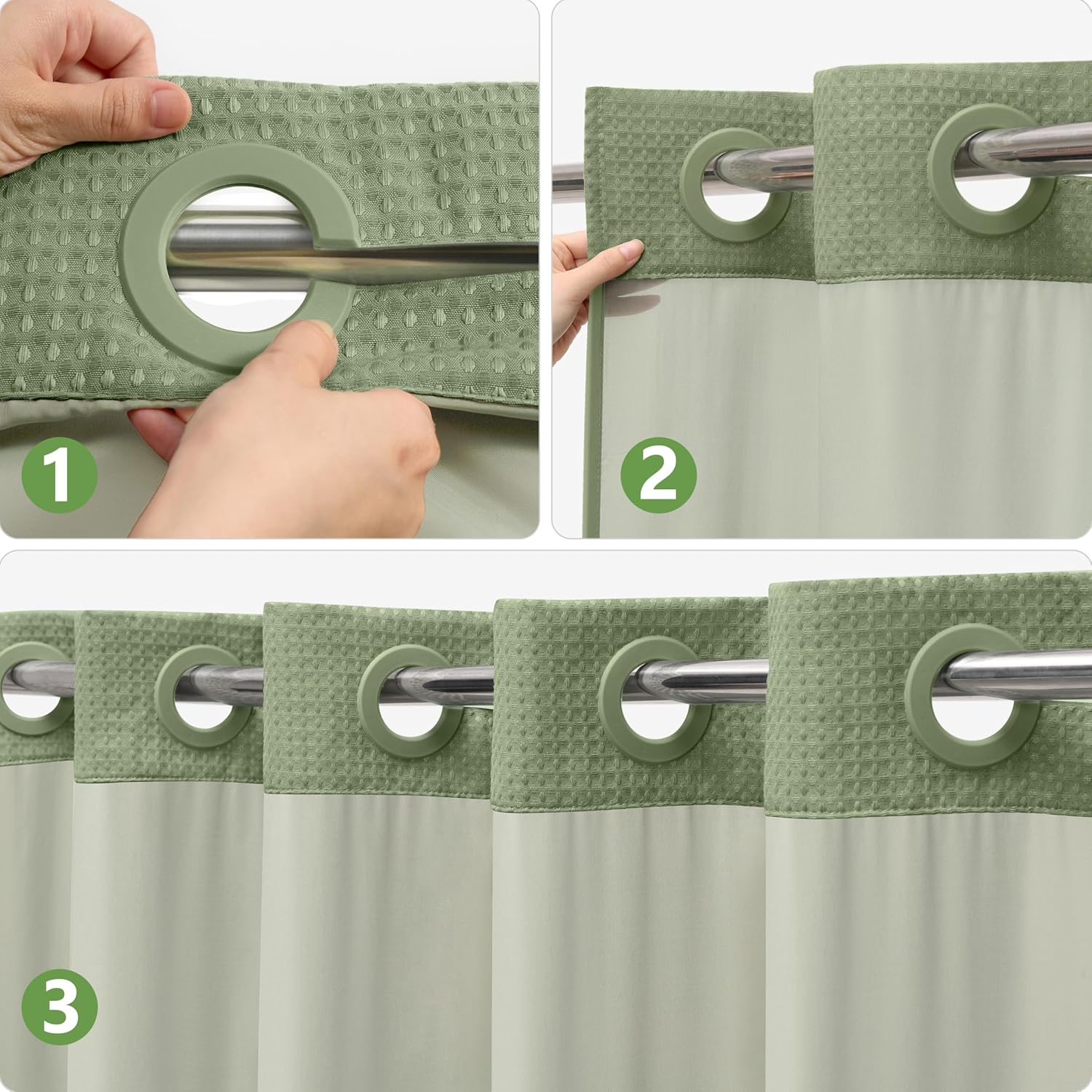 No Hook Waffle Weave Shower Curtain Set with Snap-in Fabric Liner and Mesh Top Window,256GSM Heavy Duty Fabric,Green Washable Luxury Shower Curtain for Bathroom Stalls (72x75 Inch)