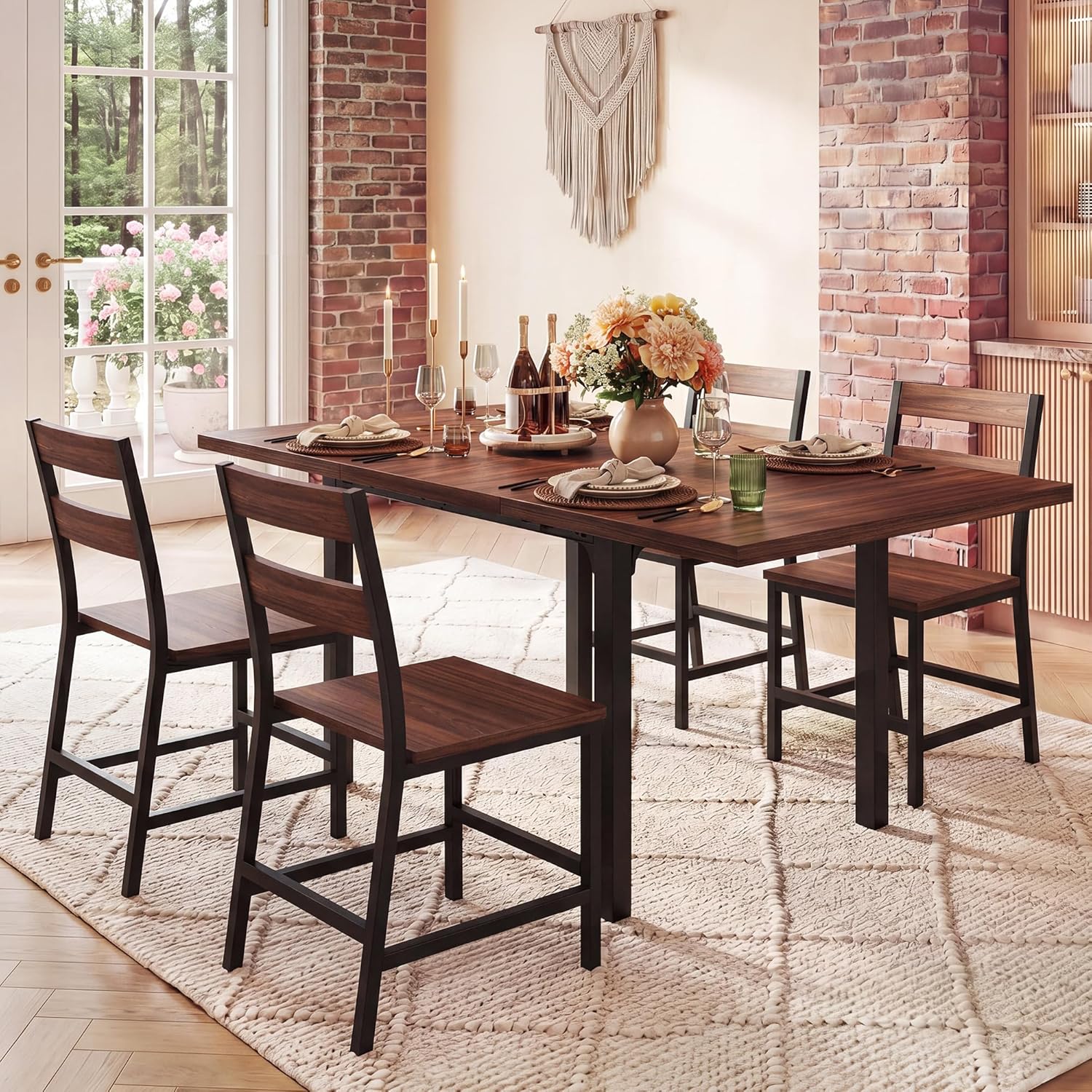 HUAHUU Juego de mesa de comedor extensible para 4, mesa de cocina de madera con 4 sillas de respaldo curvo, mesa de comedor con tablero de MDF y marco de metal, ahorro de espacio para apartamentos