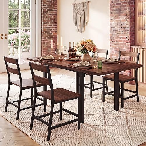 HUAHUU Extendable Dining Table Set for 4, Wood Kitchen Table with 4 Curved Backrest Chairs, Dining Room Table with MDF Board & Metal Frame, Saving Space for Small Apartment, Easy Assembly, Walnut