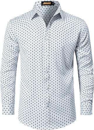 JOTOOK Mens Printed Dress Shirts Long Sleeve Button Down Shirts Stretch Business Casual Shirt