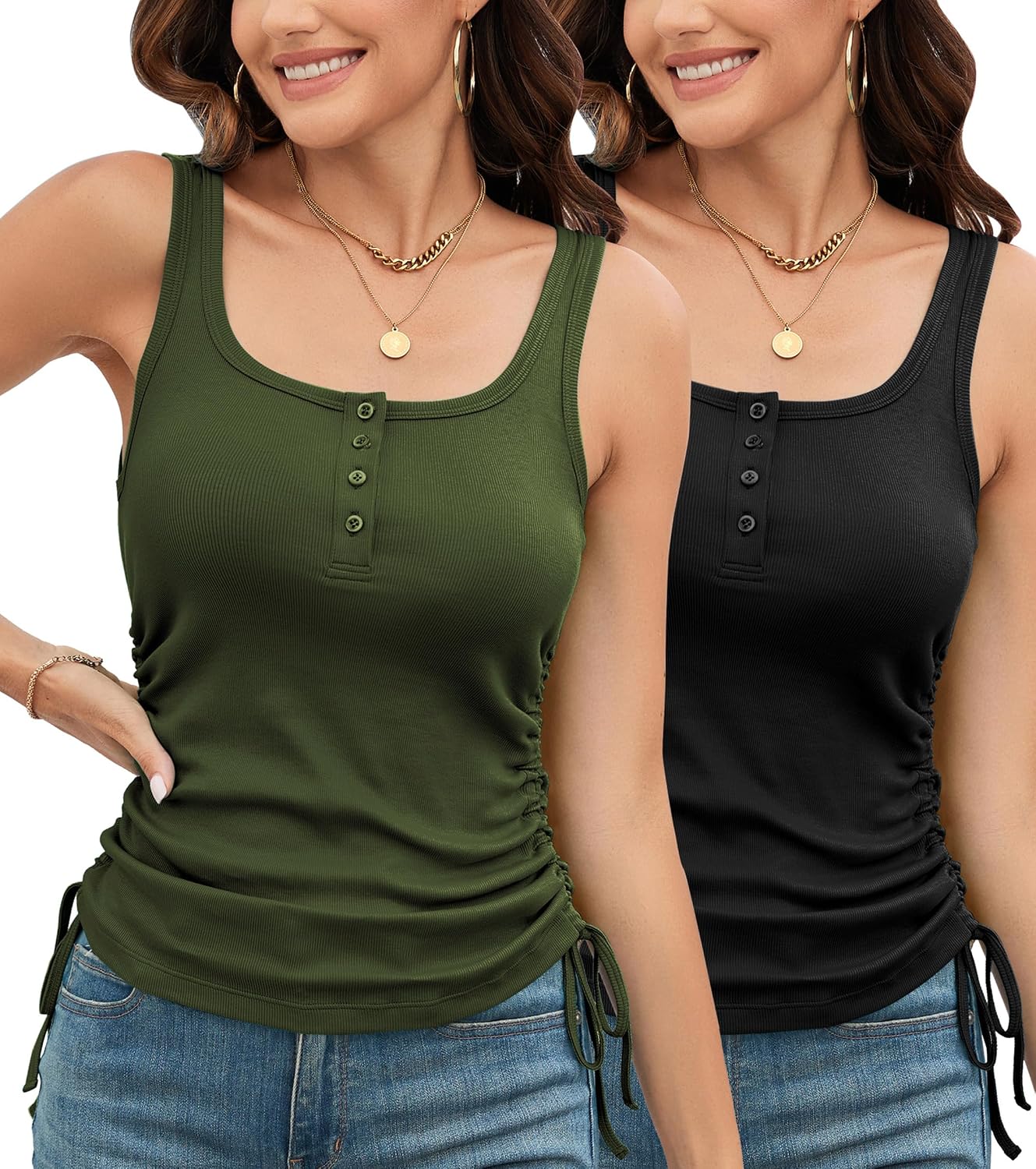 TAIPOVE Sleeveless Tank Top for Women Button Down Ribbed Yoga Shirts Side Ruched Drawstring Undershirts