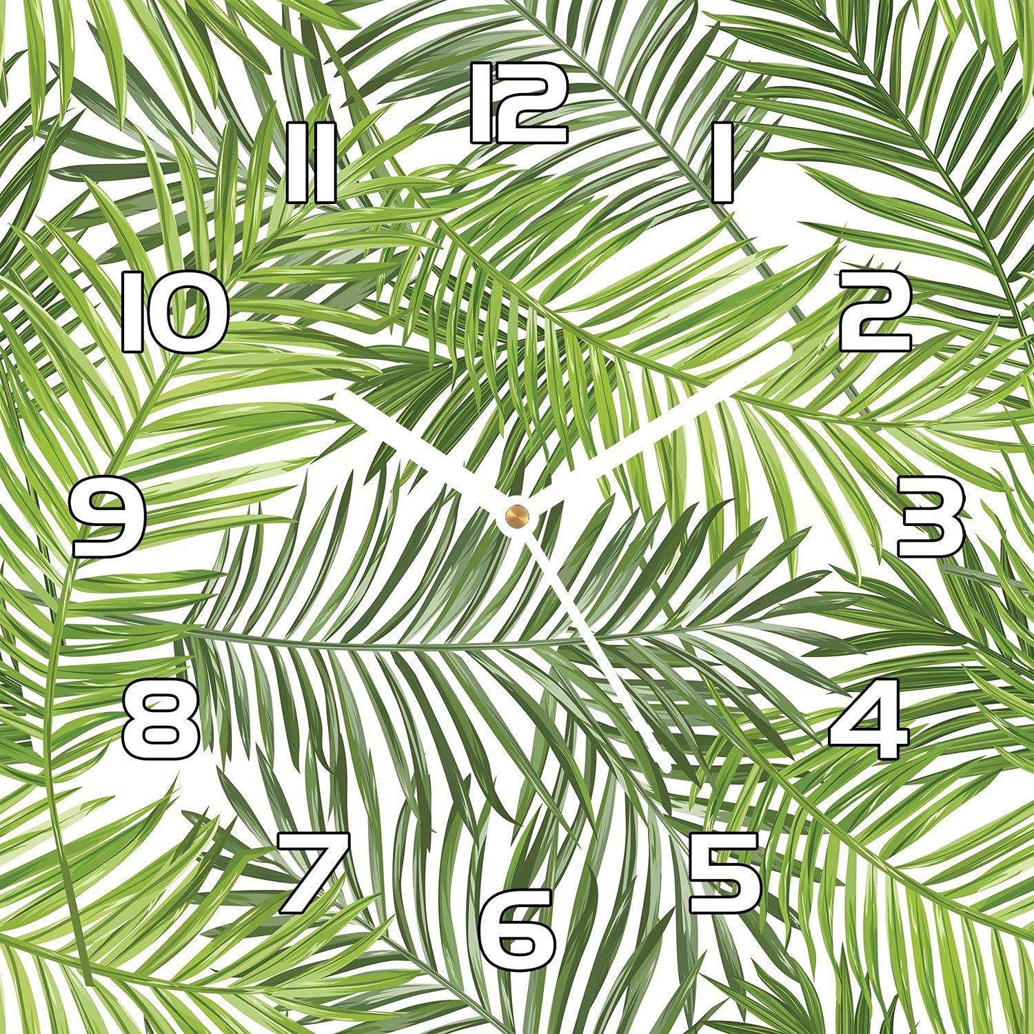 Horloge en verre 30x30 cm feuilles de palme avec aiguilles blanches