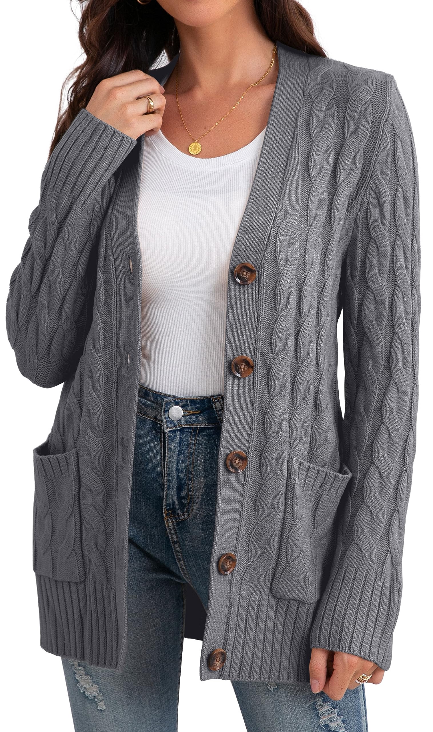 GRECERELLE Damen Strickjacke Strick Cardigan Lange Elegant Strickjacken mit Taschen mit Knöpfen Strickwaren Übergroße Pullover Strickmantel für Herbst Winter Frühling