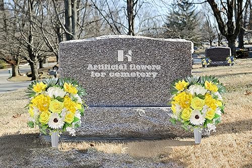 Miniatura 8 de HENOMO Flores de cementerio para tumba, ramo conmemorativo, arreglo artificial de mezcla de rosas amarillas y blancas para decoración de lápidas,