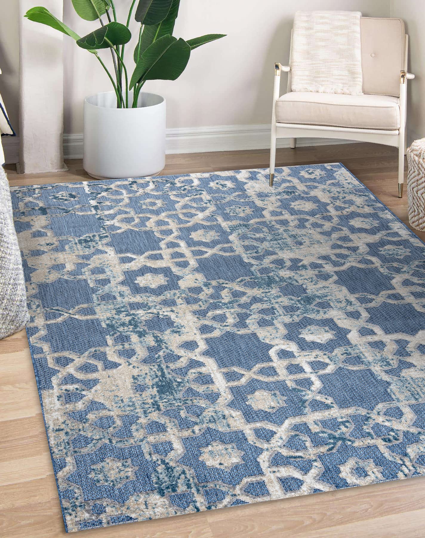 Tapis tissé à plat bleu et beige rugsx 140x190 cm pour terrasse et chambre