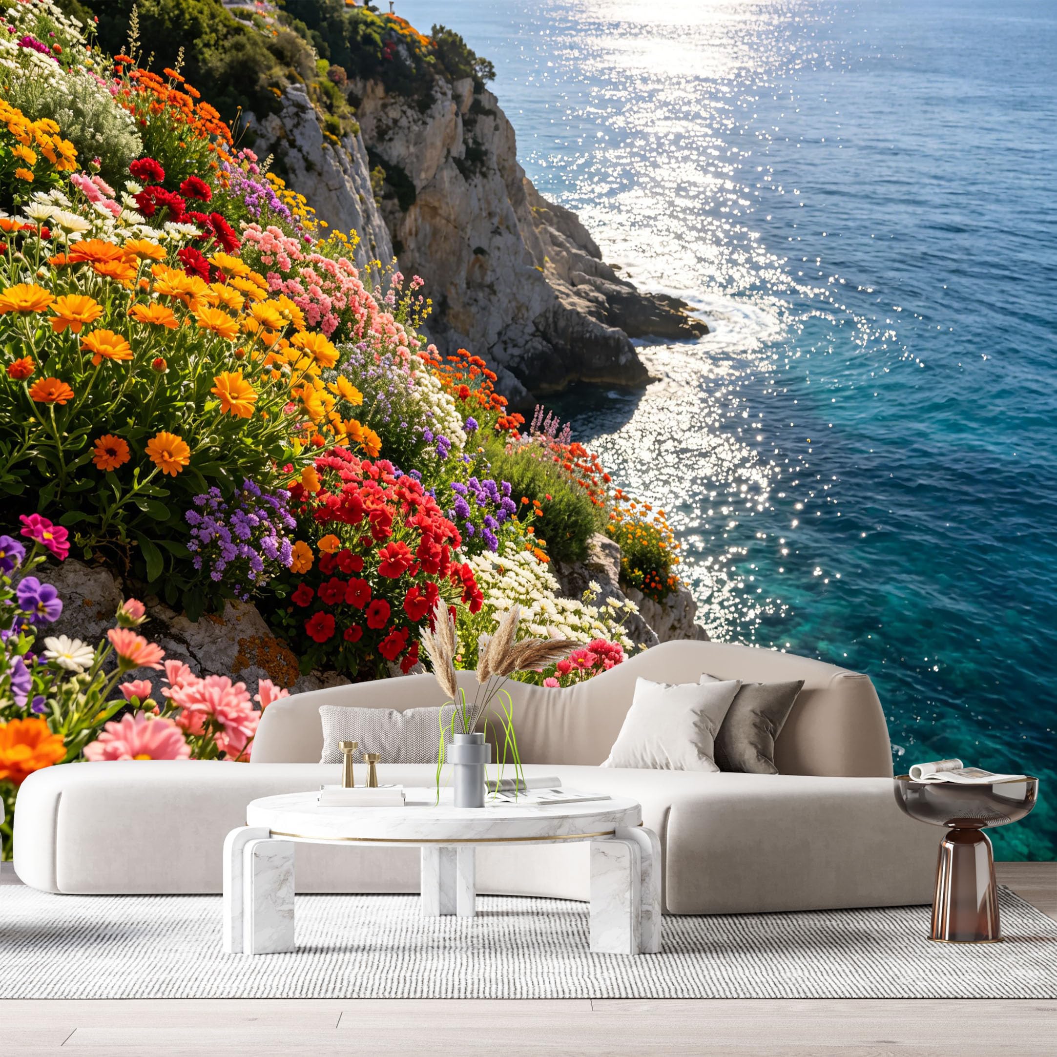 Custom Size Wall Murals Coastal Botanical Ocean Marine Landscape Watercolor Colorful Wildflowers Cliffside SelfAdhesive Wall Fabric Removable Large Wallpaper for Living Room