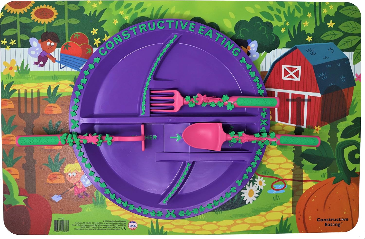 Constructive Eating Made in USA Construction, Dinosaur, and Garden Combo with 3 Utensil Sets, Plates, and Placemats for Toddlers, Infants, Babies and Kids - Made With Materials Tested for Safety